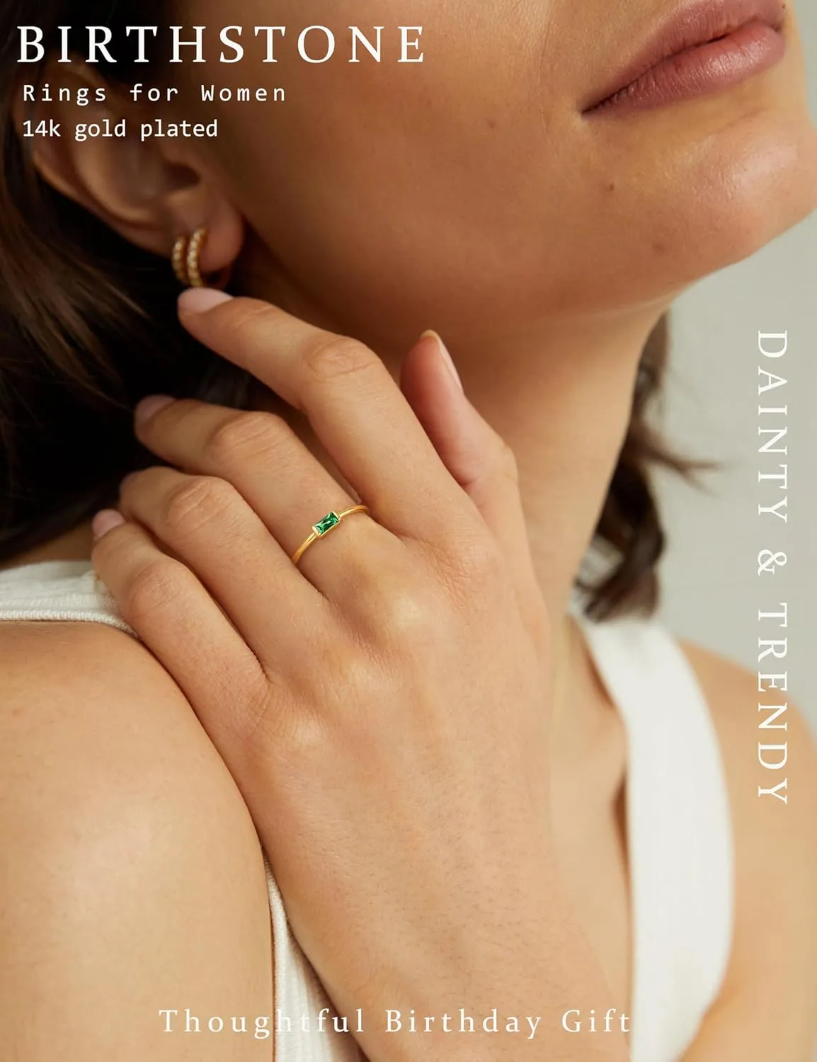 RLMOON Gold Birthstone Rings for Women Non Tarnish Gold Stackable Ring Dainty 14K Gold Plated Baguette CZ Emerald Green Gemstone Ring Personalized Jewelry Gift for Birthday Size 4-10