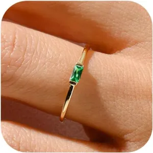 RLMOON Gold Birthstone Rings for Women Non Tarnish Gold Stackable Ring Dainty 14K Gold Plated Baguette CZ Emerald Green Gemstone Ring Personalized Jewelry Gift for Birthday Size 4-10