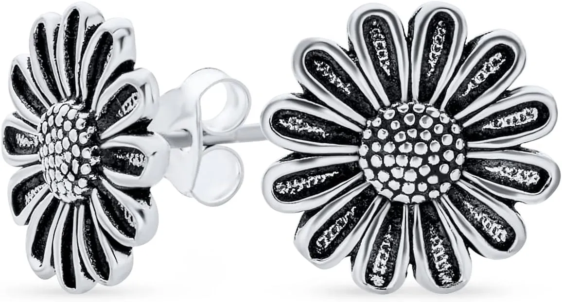 Romantic Style Floral Garden Party Flower You are My Sunshine Sunflower Black Rose Stud Earrings For Women Teens Oxidized .925 Sterling Silver