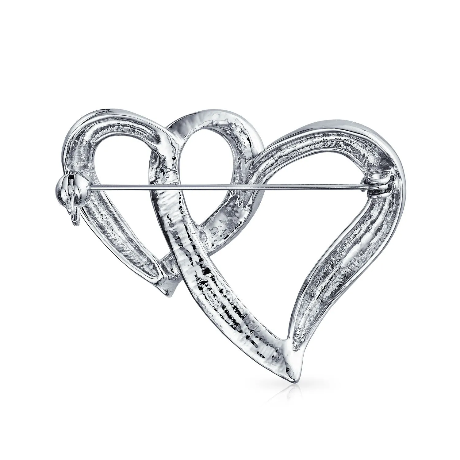 Romantic Wedding Crystal Bridal Brooch Pin - Double Heart Silver Statement