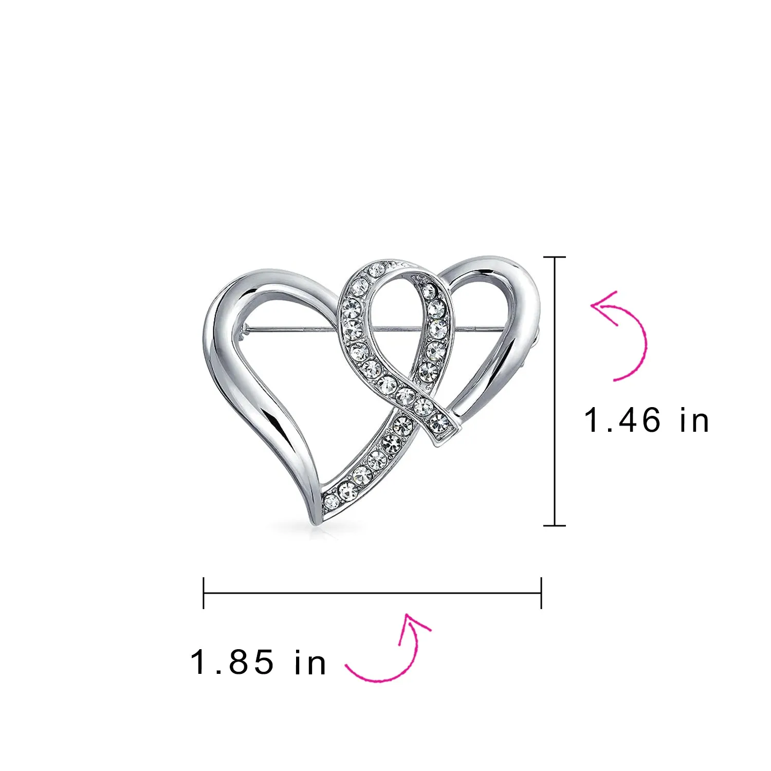 Romantic Wedding Crystal Bridal Brooch Pin - Double Heart Silver Statement