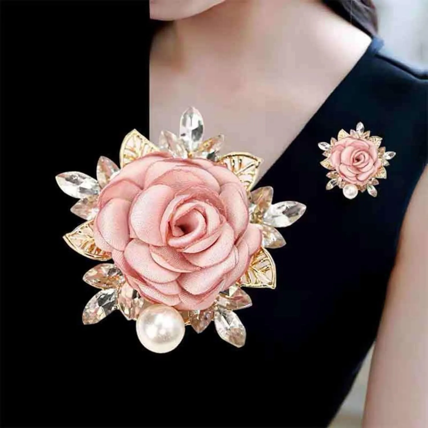 Rose Flower Brooch for Women Large Flower Brooch Elegant Pearl Brooches Handmade Crystal Pearl Pins Fabric Floral Lapel Pin Christmas Valentine's Day Dress Suit Accessories