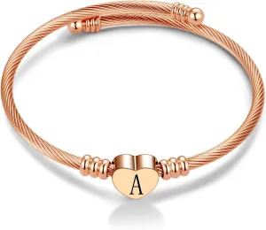 Rose Gold Women Heart Initial A-Z Letter Cuff Bracelets Name Expandable Bangle Bracelet Birthday Gifts
