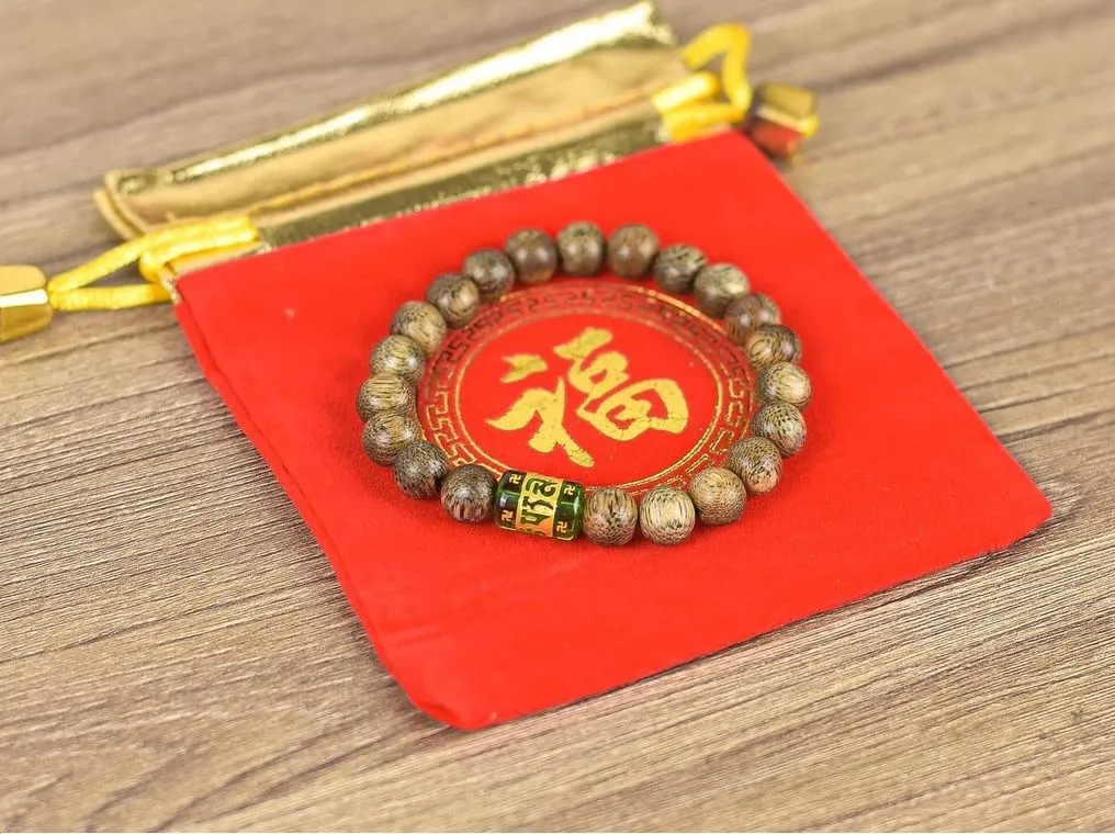 Round Agarwood Ring with Pearl Pillars OMANI, Original Wild Real Vietnamese Agarwood Aquilaria Bracelet Prayer Beads 10mm, Agarwood Necklace, Men Women Bracelet (Green Charm)