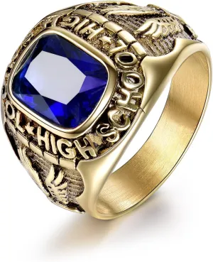 Royal Blue Sapphire Color Ring Stainless Steel Men Jewelry Celebrate High School Rings Size 8-15