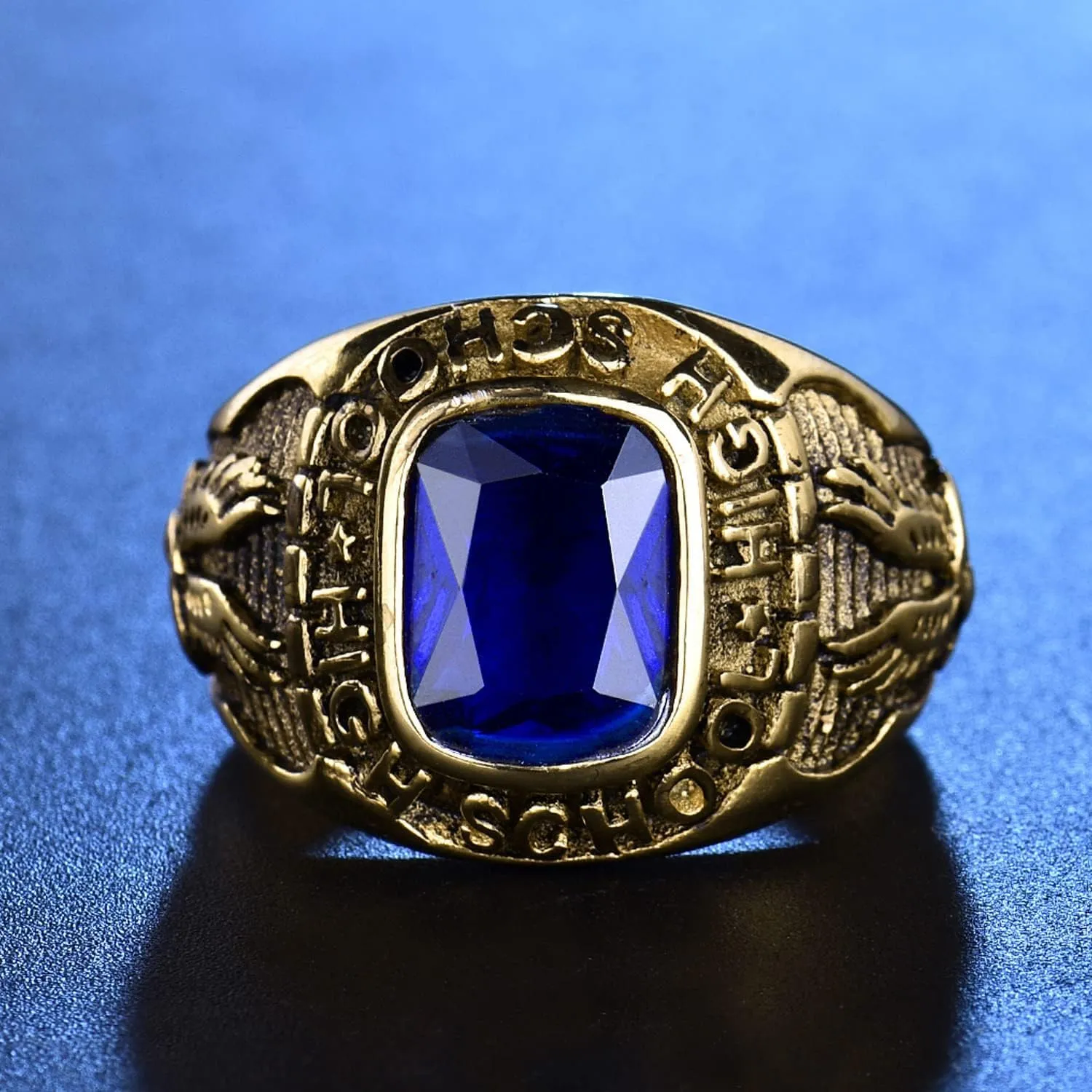 Royal Blue Sapphire Color Ring Stainless Steel Men Jewelry Celebrate High School Rings Size 8-15