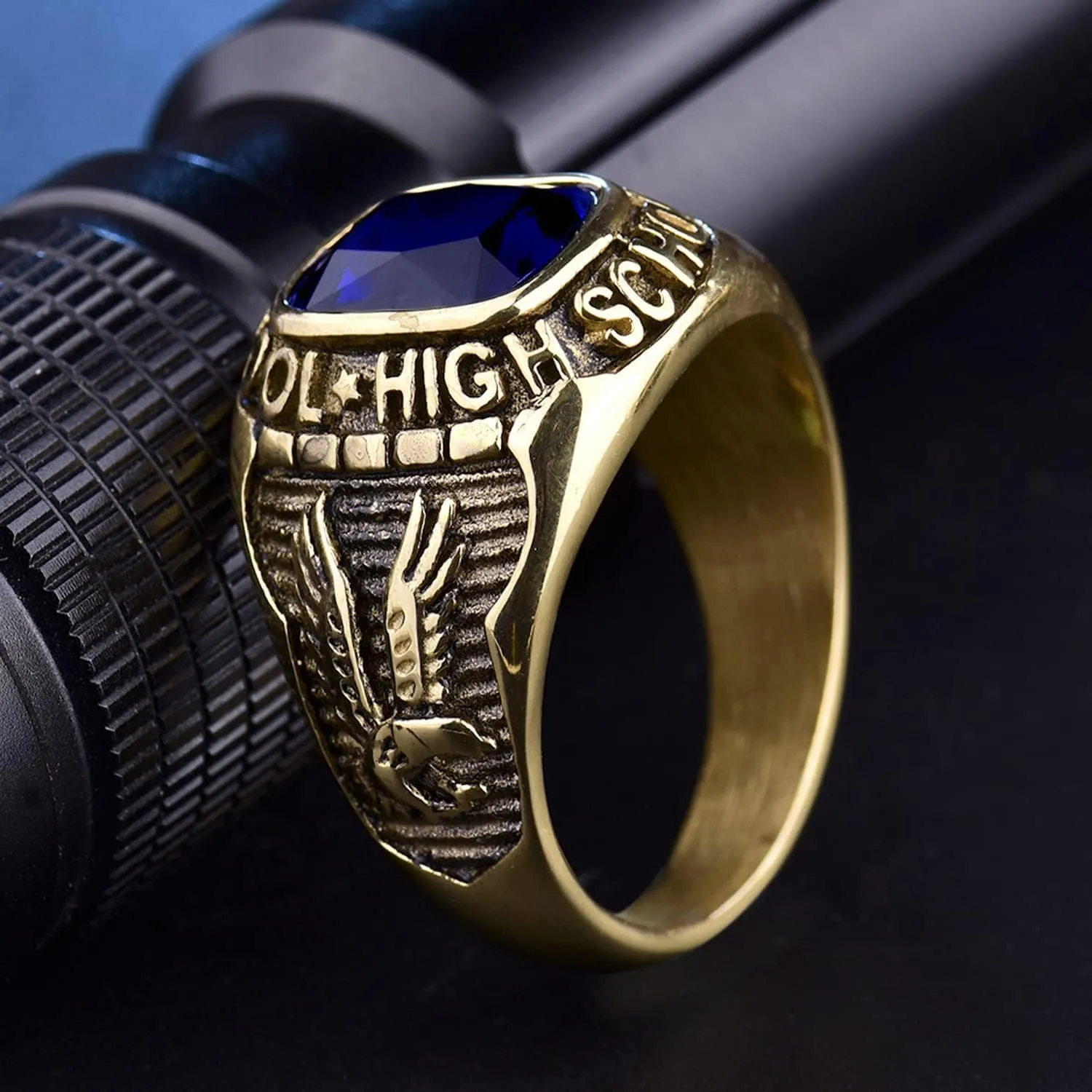 Royal Blue Sapphire Color Ring Stainless Steel Men Jewelry Celebrate High School Rings Size 8-15