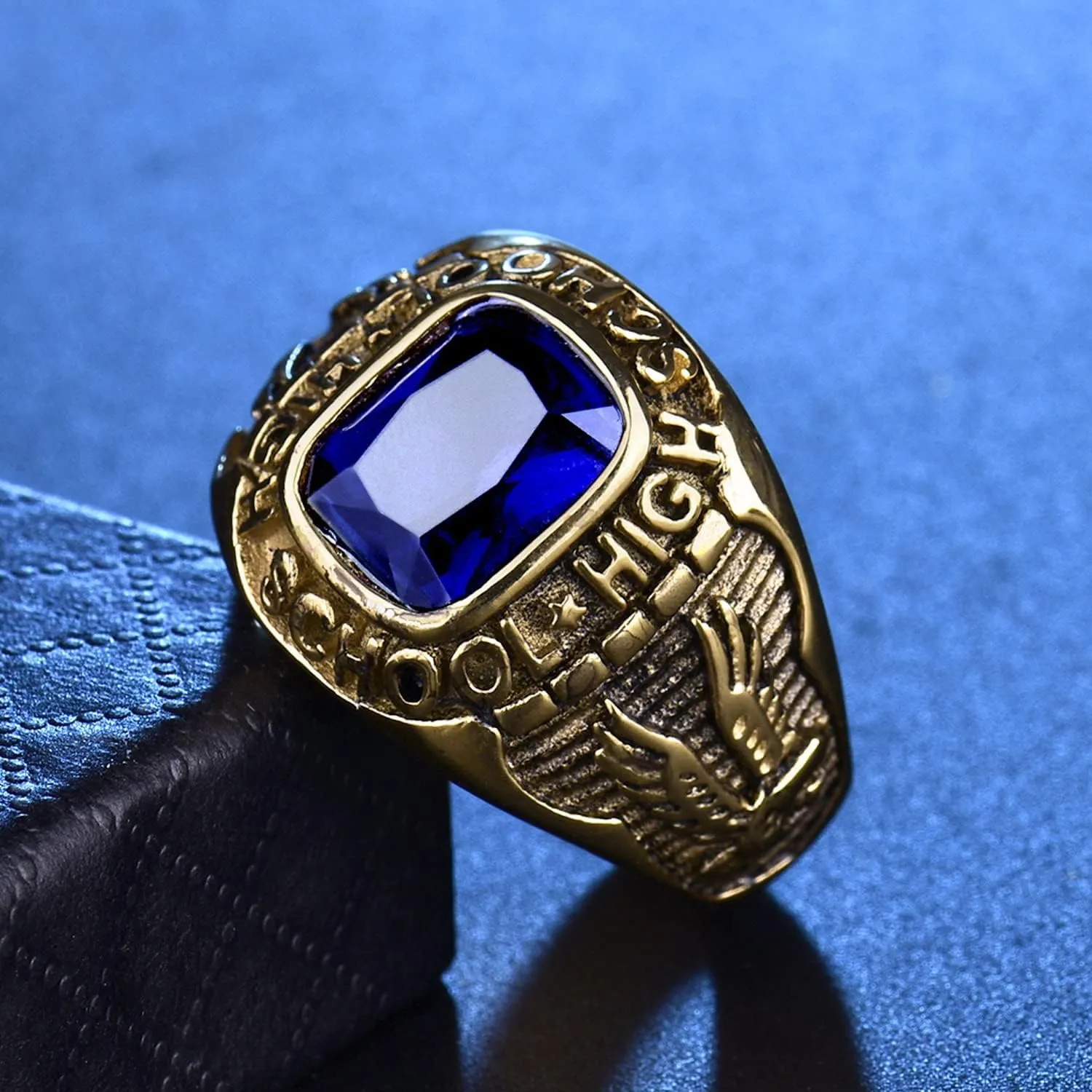 Royal Blue Sapphire Color Ring Stainless Steel Men Jewelry Celebrate High School Rings Size 8-15