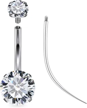 Ruifan ASTM F136 Titanium Belly Button Rings 14G Cubic Zirconia Round Belly Navel Rings 10mm Bar Body Piercing Jewelry Navel Ring With 1PCS Curved Piercing Taper