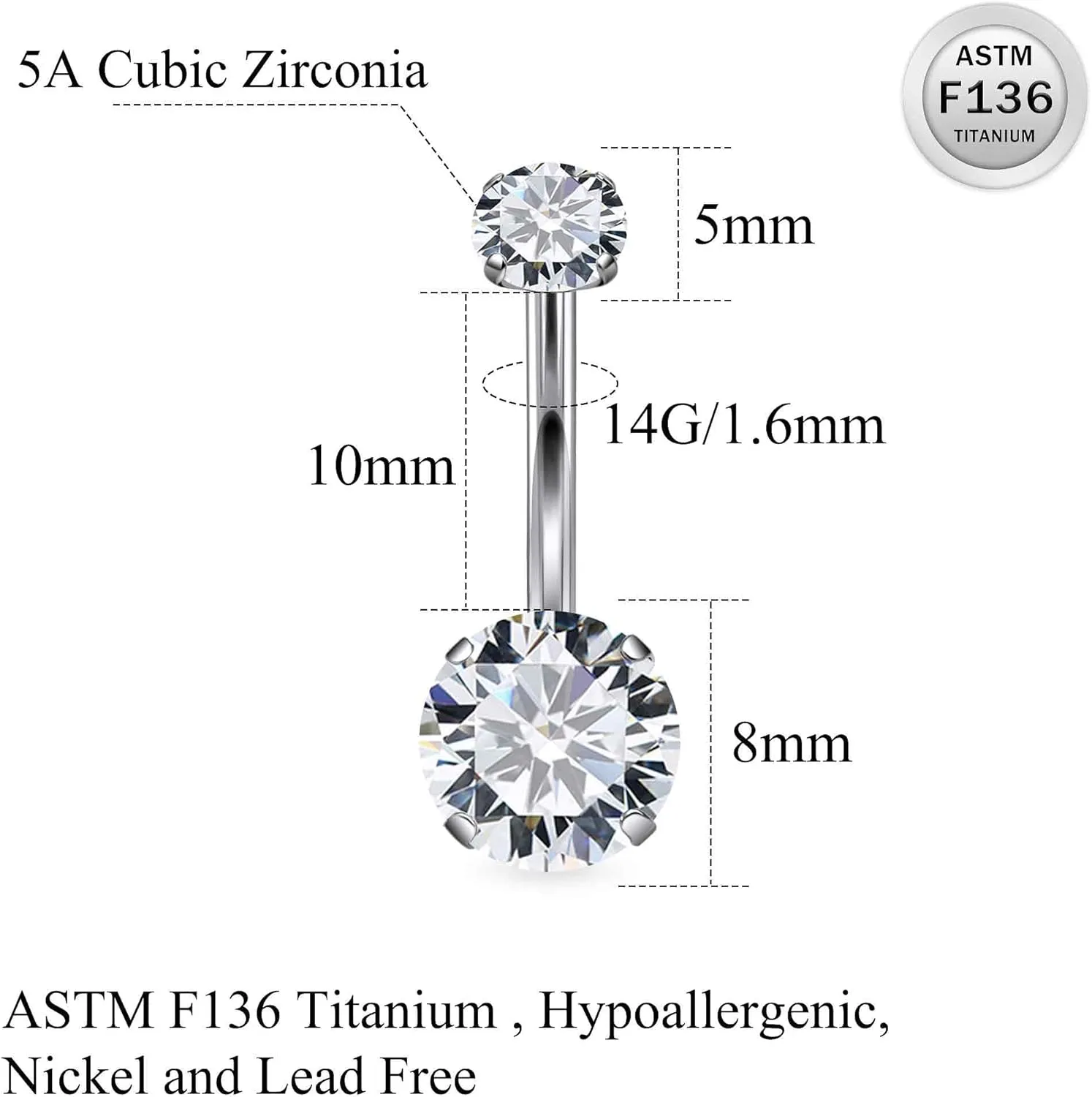 Ruifan ASTM F136 Titanium Belly Button Rings 14G Cubic Zirconia Round Belly Navel Rings 10mm Bar Body Piercing Jewelry Navel Ring With 1PCS Curved Piercing Taper