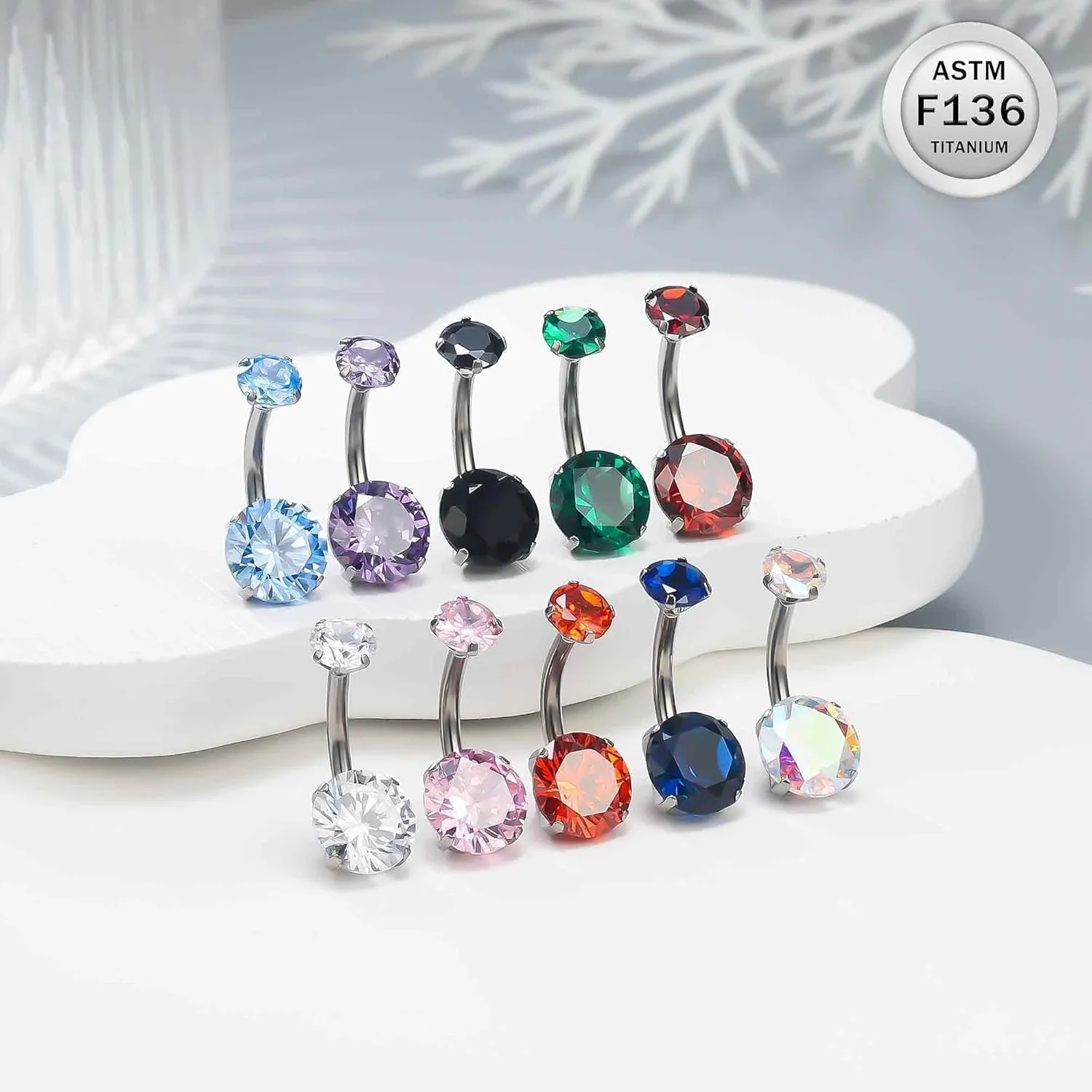 Ruifan ASTM F136 Titanium Belly Button Rings 14G Cubic Zirconia Round Belly Navel Rings 10mm Bar Body Piercing Jewelry Navel Ring With 1PCS Curved Piercing Taper