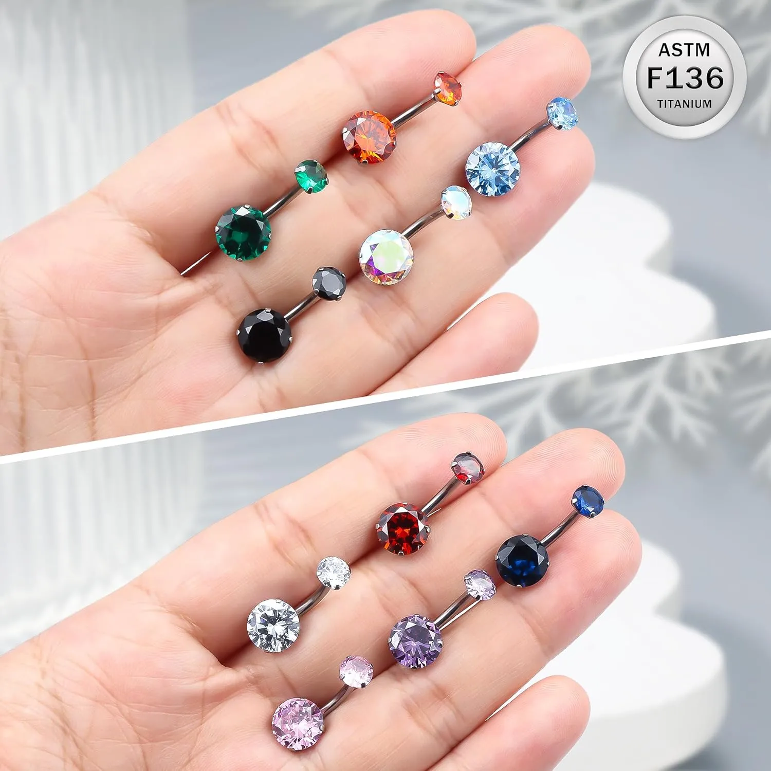 Ruifan ASTM F136 Titanium Belly Button Rings 14G Cubic Zirconia Round Belly Navel Rings 10mm Bar Body Piercing Jewelry Navel Ring With 1PCS Curved Piercing Taper