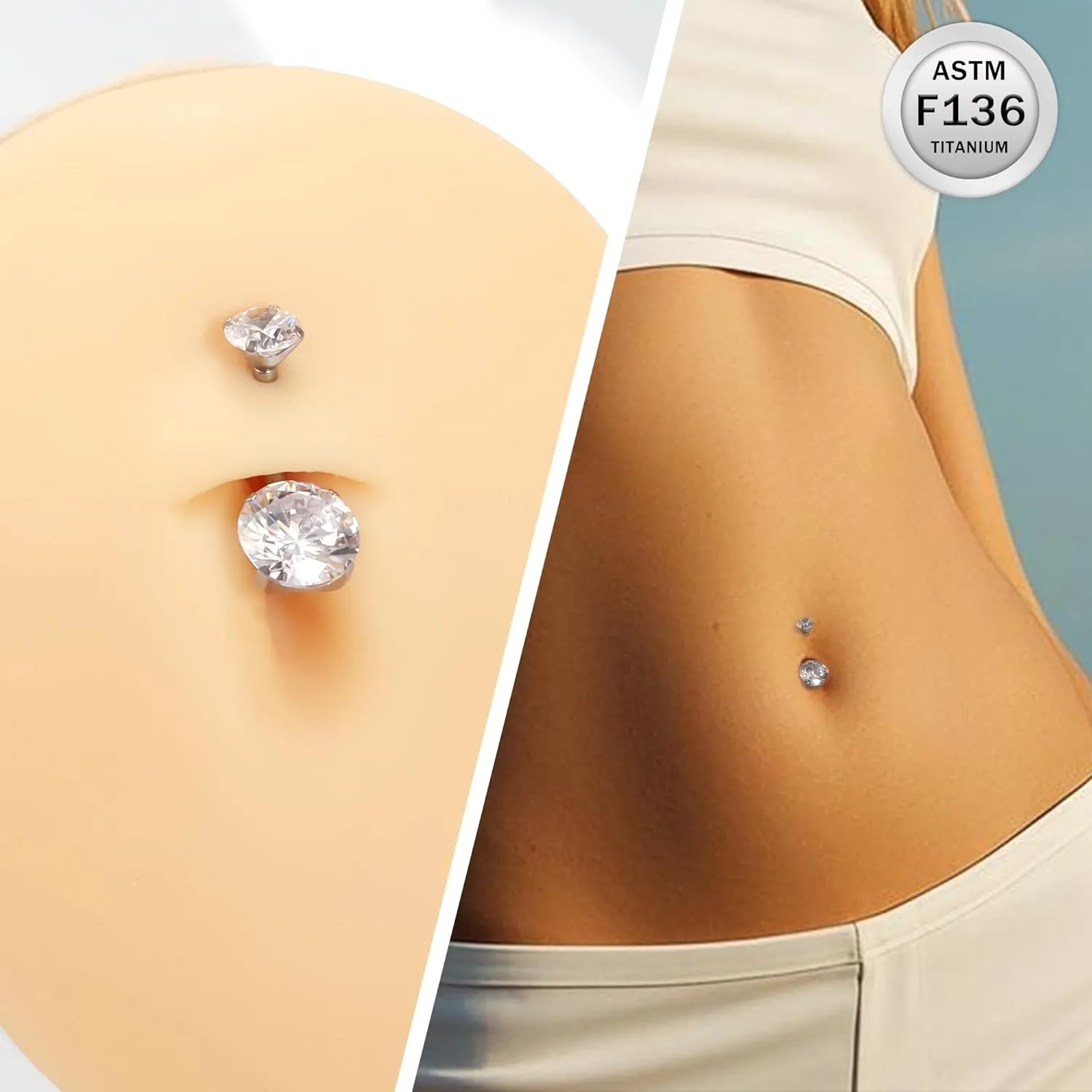 Ruifan ASTM F136 Titanium Belly Button Rings 14G Cubic Zirconia Round Belly Navel Rings 10mm Bar Body Piercing Jewelry Navel Ring With 1PCS Curved Piercing Taper