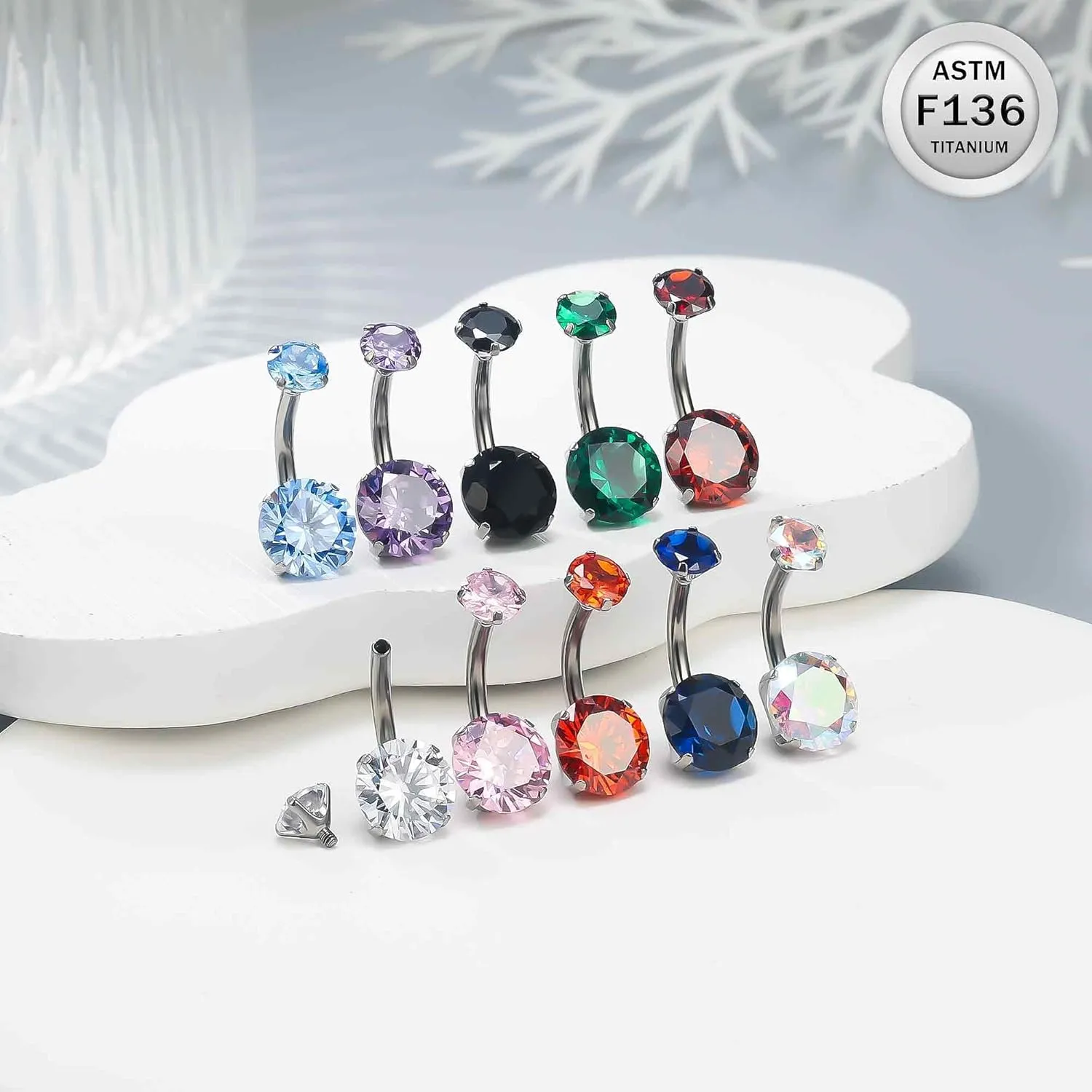 Ruifan ASTM F136 Titanium Belly Button Rings 14G Cubic Zirconia Round Belly Navel Rings 10mm Bar Body Piercing Jewelry Navel Ring With 1PCS Curved Piercing Taper