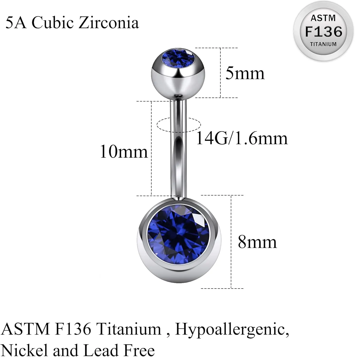 Ruifan ASTM F136 Titanium Belly Button Rings 14G CZ Ball Belly Navel Rings 10mm Bar Body Piercing Jewelry Navel Ring With 1PCS Curved Piercing Taper