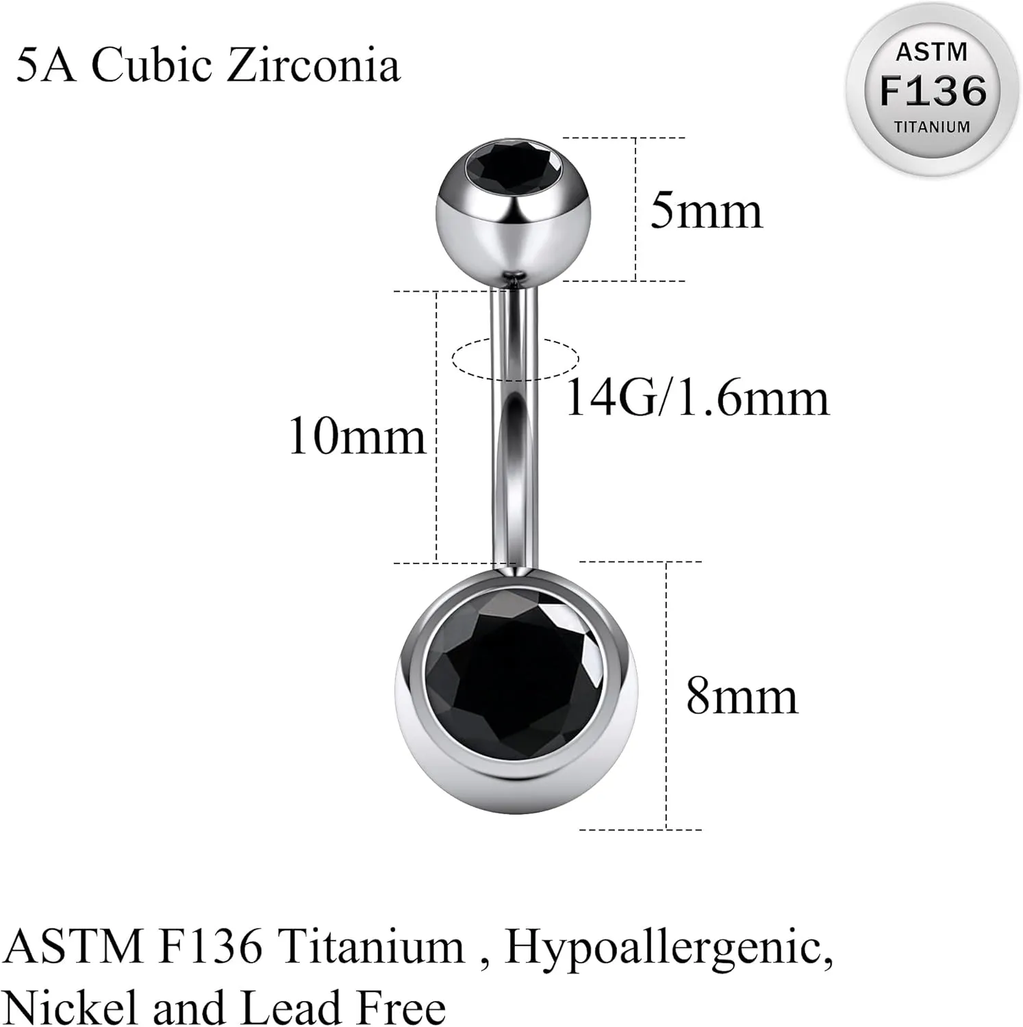 Ruifan ASTM F136 Titanium Belly Button Rings 14G CZ Ball Belly Navel Rings 10mm Bar Body Piercing Jewelry Navel Ring With 1PCS Curved Piercing Taper