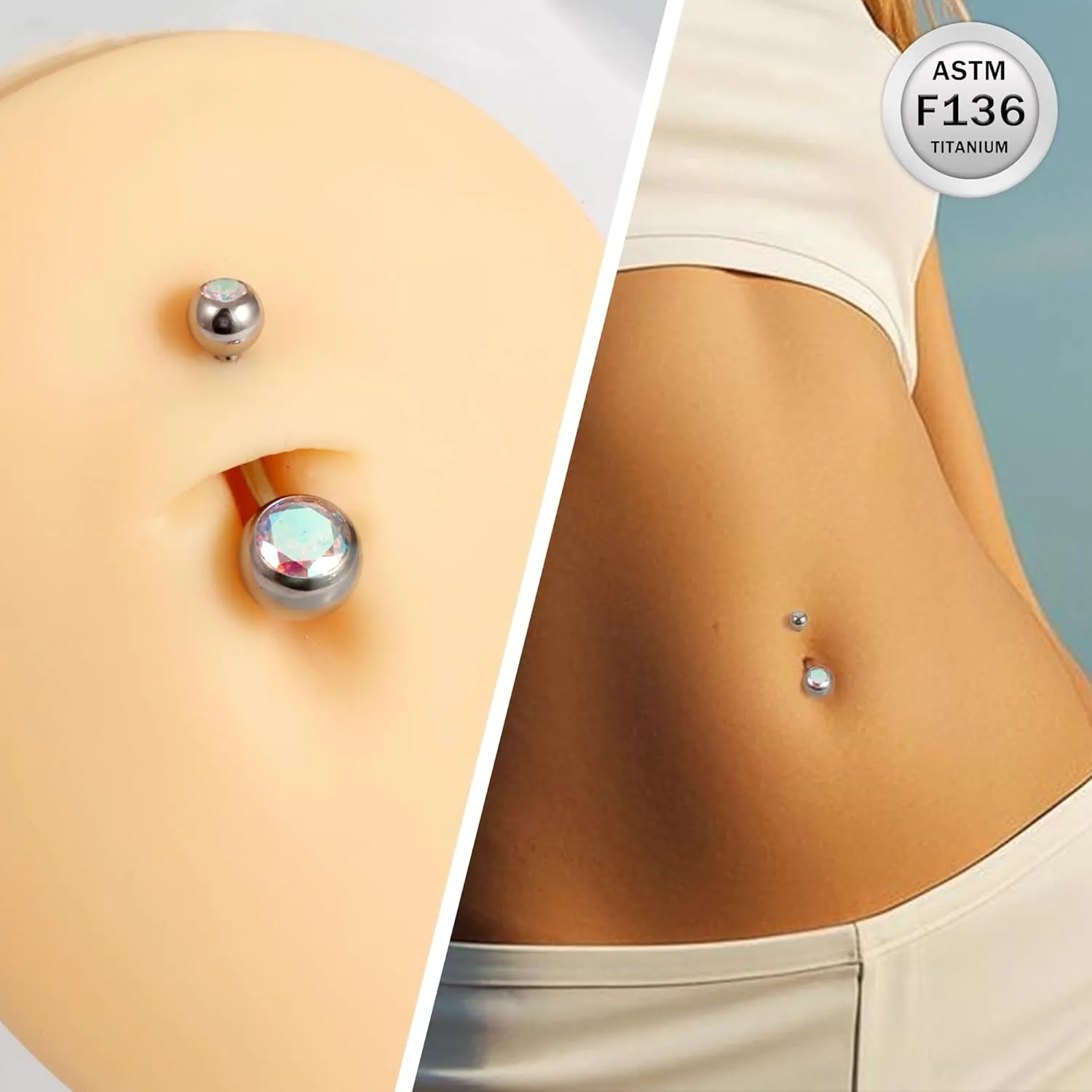 Ruifan ASTM F136 Titanium Belly Button Rings 14G CZ Ball Belly Navel Rings 10mm Bar Body Piercing Jewelry Navel Ring With 1PCS Curved Piercing Taper