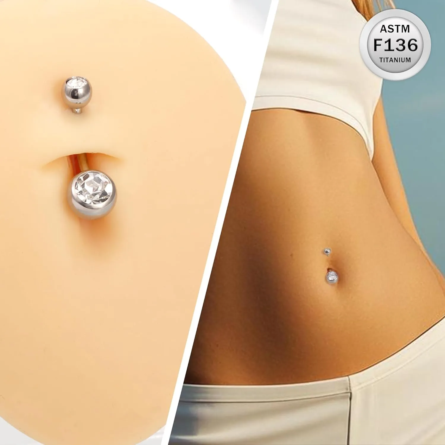 Ruifan ASTM F136 Titanium Belly Button Rings 14G CZ Ball Belly Navel Rings 10mm Bar Body Piercing Jewelry Navel Ring With 1PCS Curved Piercing Taper