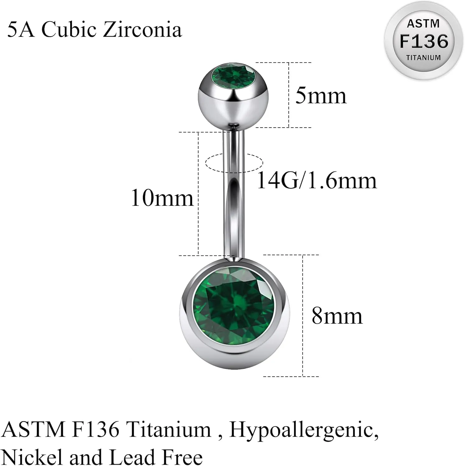 Ruifan ASTM F136 Titanium Belly Button Rings 14G CZ Ball Belly Navel Rings 10mm Bar Body Piercing Jewelry Navel Ring With 1PCS Curved Piercing Taper