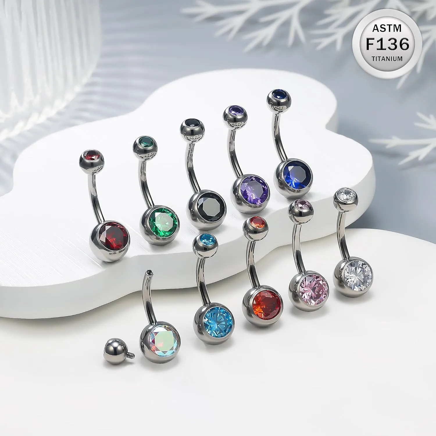 Ruifan ASTM F136 Titanium Belly Button Rings 14G CZ Ball Belly Navel Rings 10mm Bar Body Piercing Jewelry Navel Ring With 1PCS Curved Piercing Taper