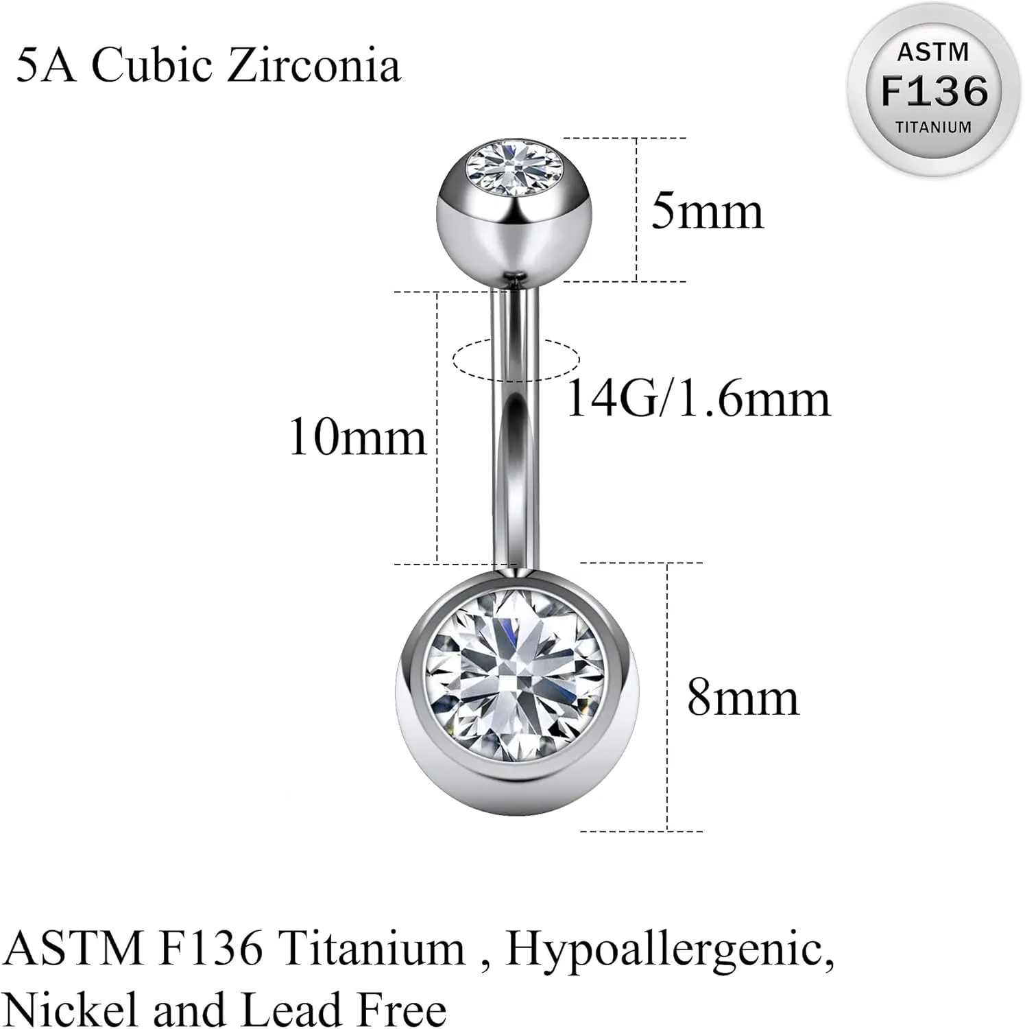 Ruifan ASTM F136 Titanium Belly Button Rings 14G CZ Ball Belly Navel Rings 10mm Bar Body Piercing Jewelry Navel Ring With 1PCS Curved Piercing Taper