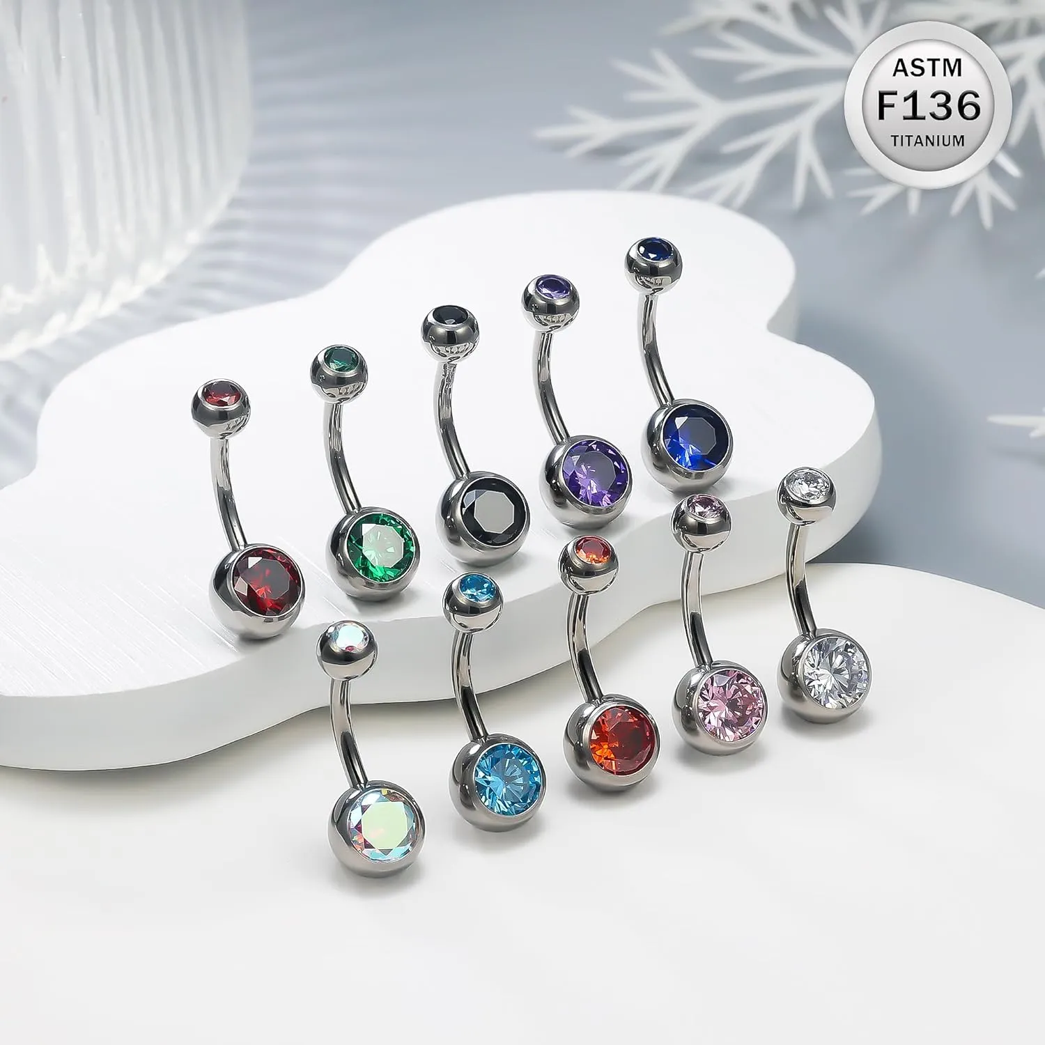 Ruifan ASTM F136 Titanium Belly Button Rings 14G CZ Ball Belly Navel Rings 10mm Bar Body Piercing Jewelry Navel Ring With 1PCS Curved Piercing Taper