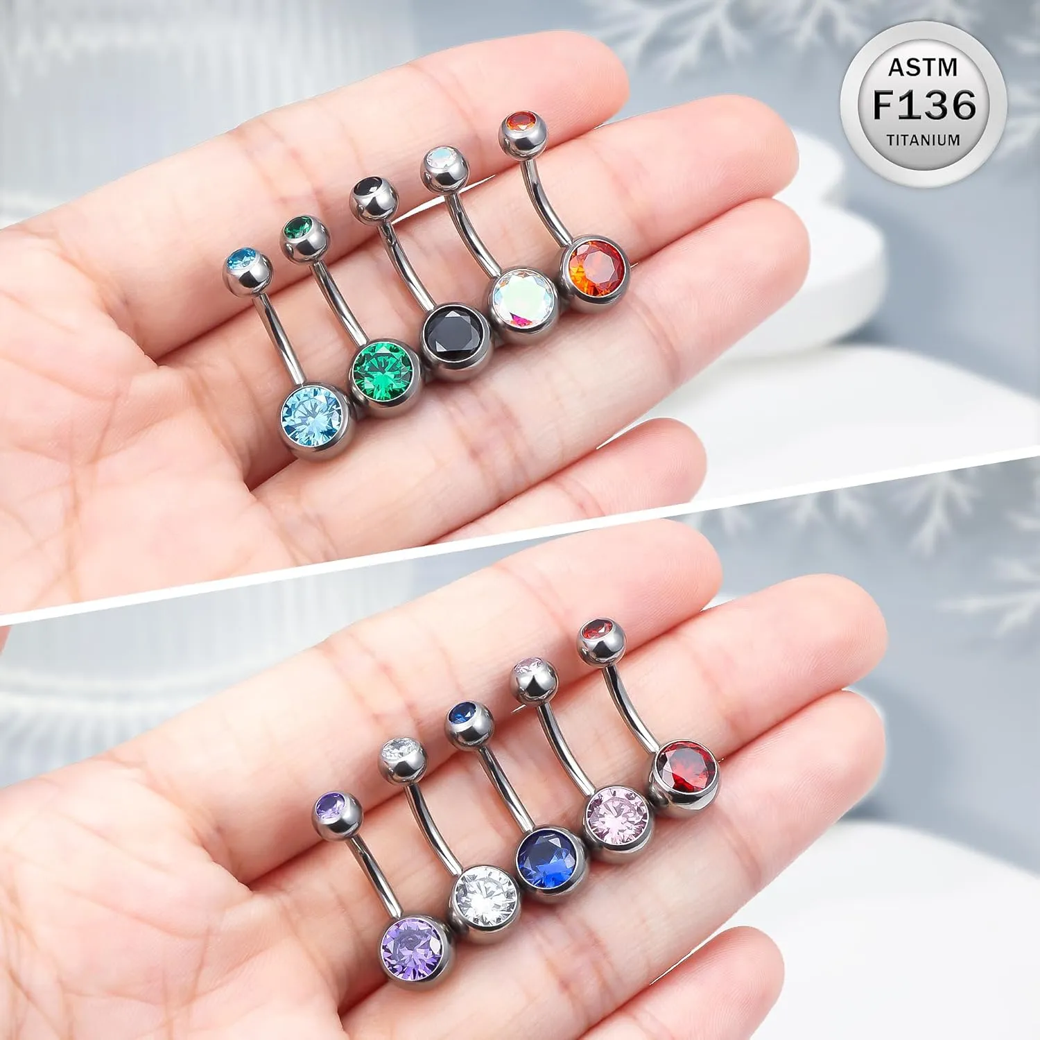 Ruifan ASTM F136 Titanium Belly Button Rings 14G CZ Ball Belly Navel Rings 10mm Bar Body Piercing Jewelry Navel Ring With 1PCS Curved Piercing Taper