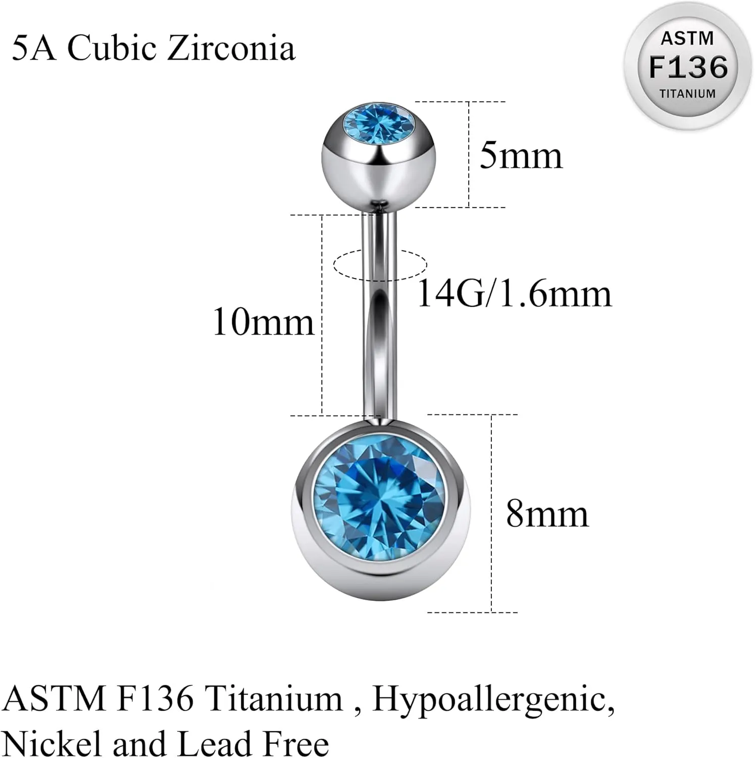 Ruifan ASTM F136 Titanium Belly Button Rings 14G CZ Ball Belly Navel Rings 10mm Bar Body Piercing Jewelry Navel Ring With 1PCS Curved Piercing Taper