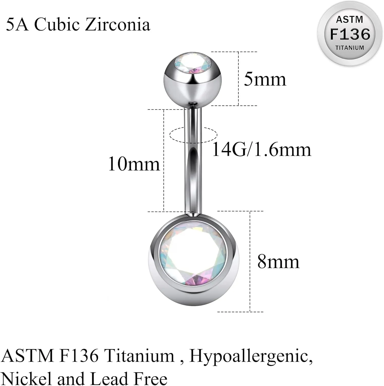 Ruifan ASTM F136 Titanium Belly Button Rings 14G CZ Ball Belly Navel Rings 10mm Bar Body Piercing Jewelry Navel Ring With 1PCS Curved Piercing Taper