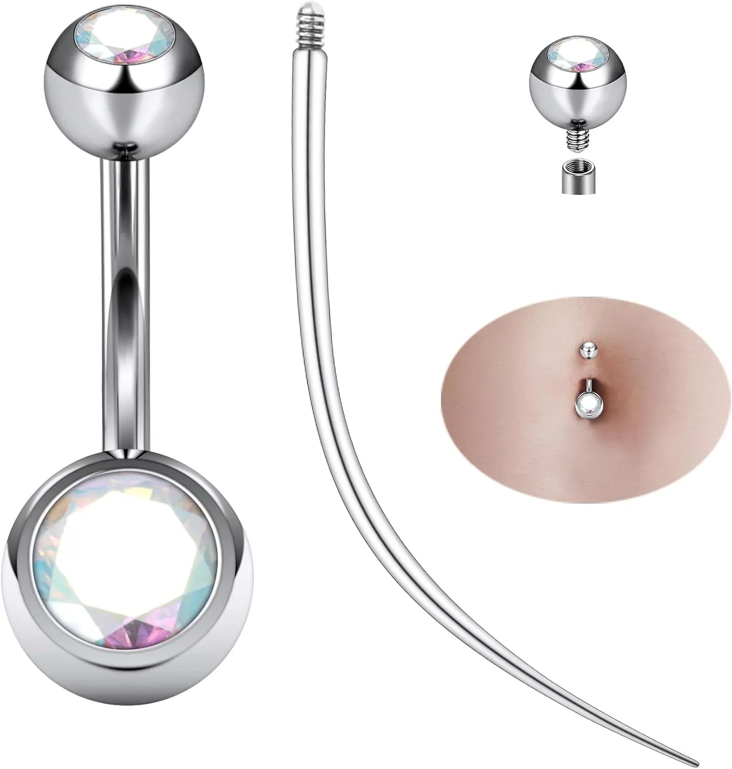 Ruifan ASTM F136 Titanium Belly Button Rings 14G CZ Ball Belly Navel Rings 10mm Bar Body Piercing Jewelry Navel Ring With 1PCS Curved Piercing Taper