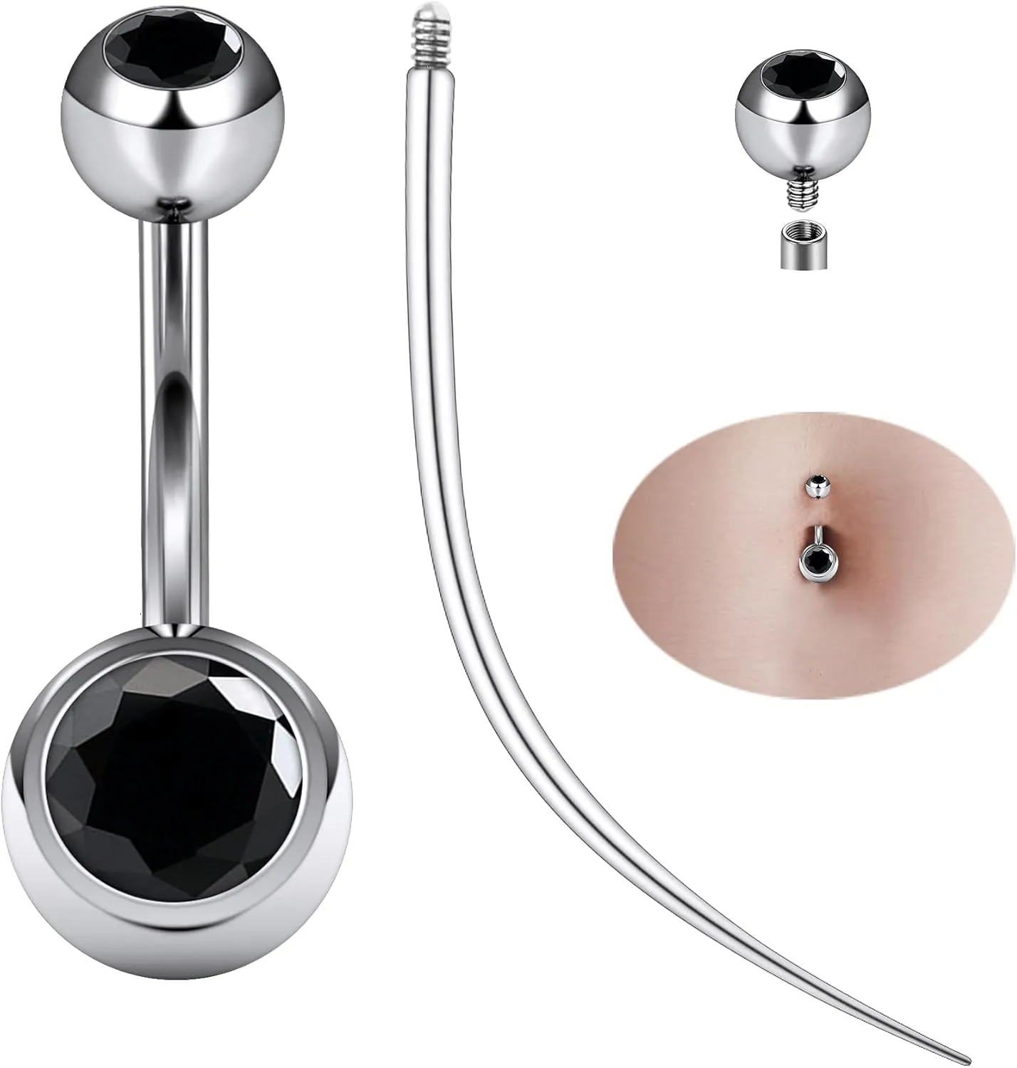 Ruifan ASTM F136 Titanium Belly Button Rings 14G CZ Ball Belly Navel Rings 10mm Bar Body Piercing Jewelry Navel Ring With 1PCS Curved Piercing Taper
