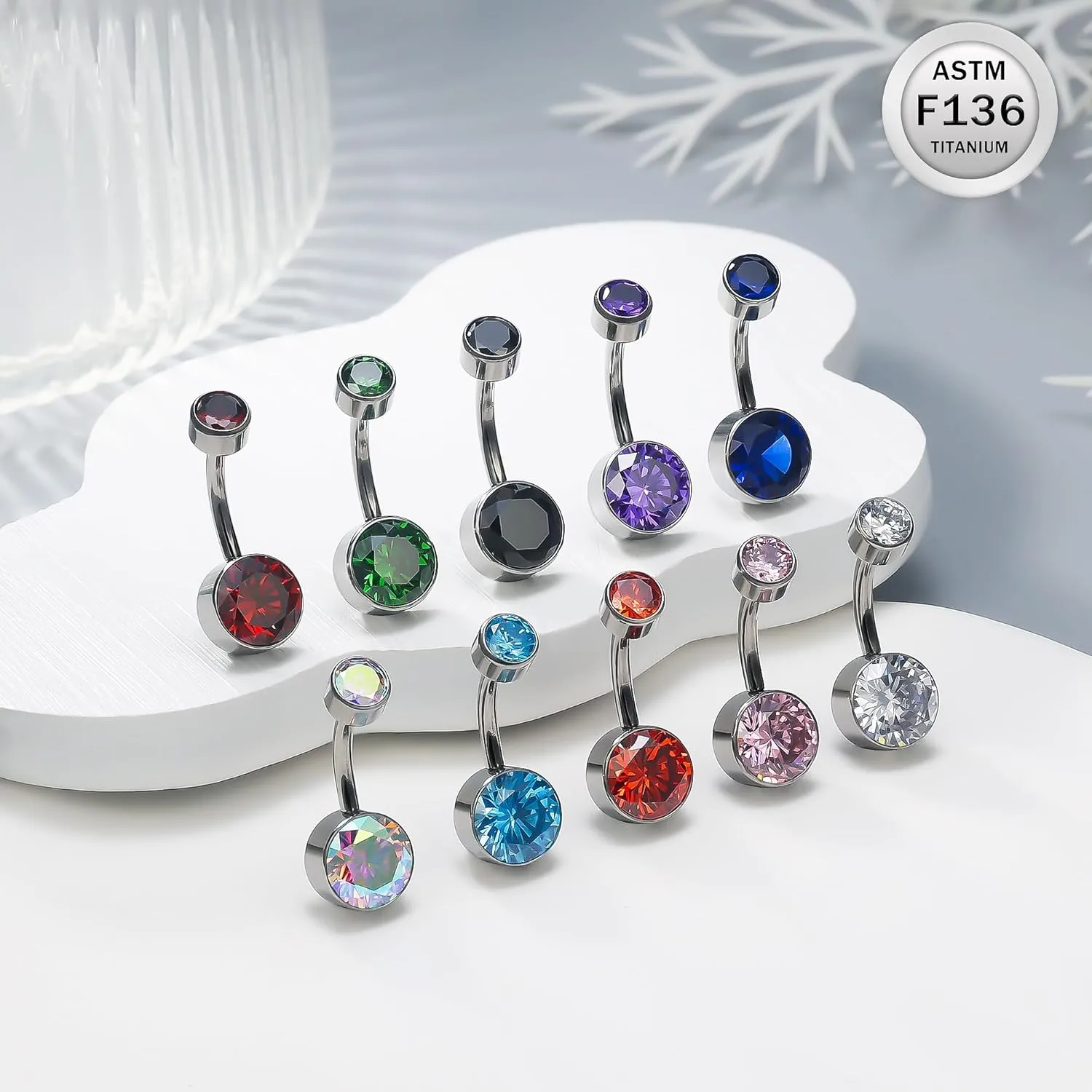 Ruifan ASTM F136 Titanium Belly Button Rings 14G CZ Cylinder Belly Navel Rings 10mm Bar Body Piercing Jewelry Navel Ring With 1PCS Curved Piercing Taper
