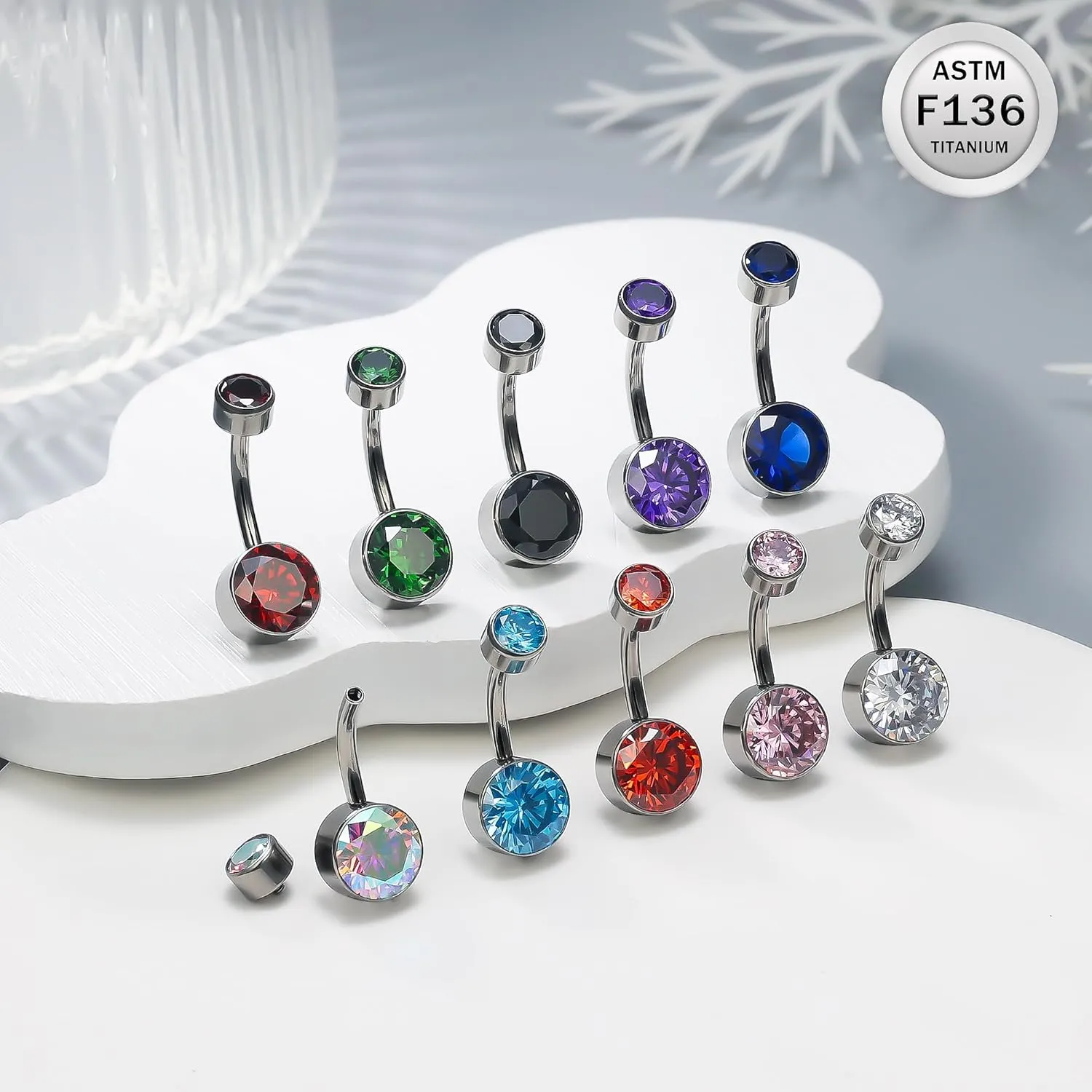 Ruifan ASTM F136 Titanium Belly Button Rings 14G CZ Cylinder Belly Navel Rings 10mm Bar Body Piercing Jewelry Navel Ring With 1PCS Curved Piercing Taper
