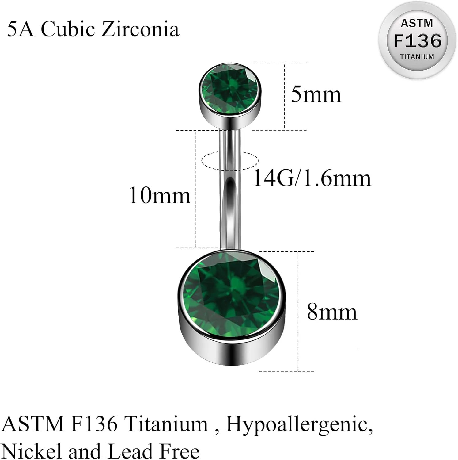 Ruifan ASTM F136 Titanium Belly Button Rings 14G CZ Cylinder Belly Navel Rings 10mm Bar Body Piercing Jewelry Navel Ring With 1PCS Curved Piercing Taper