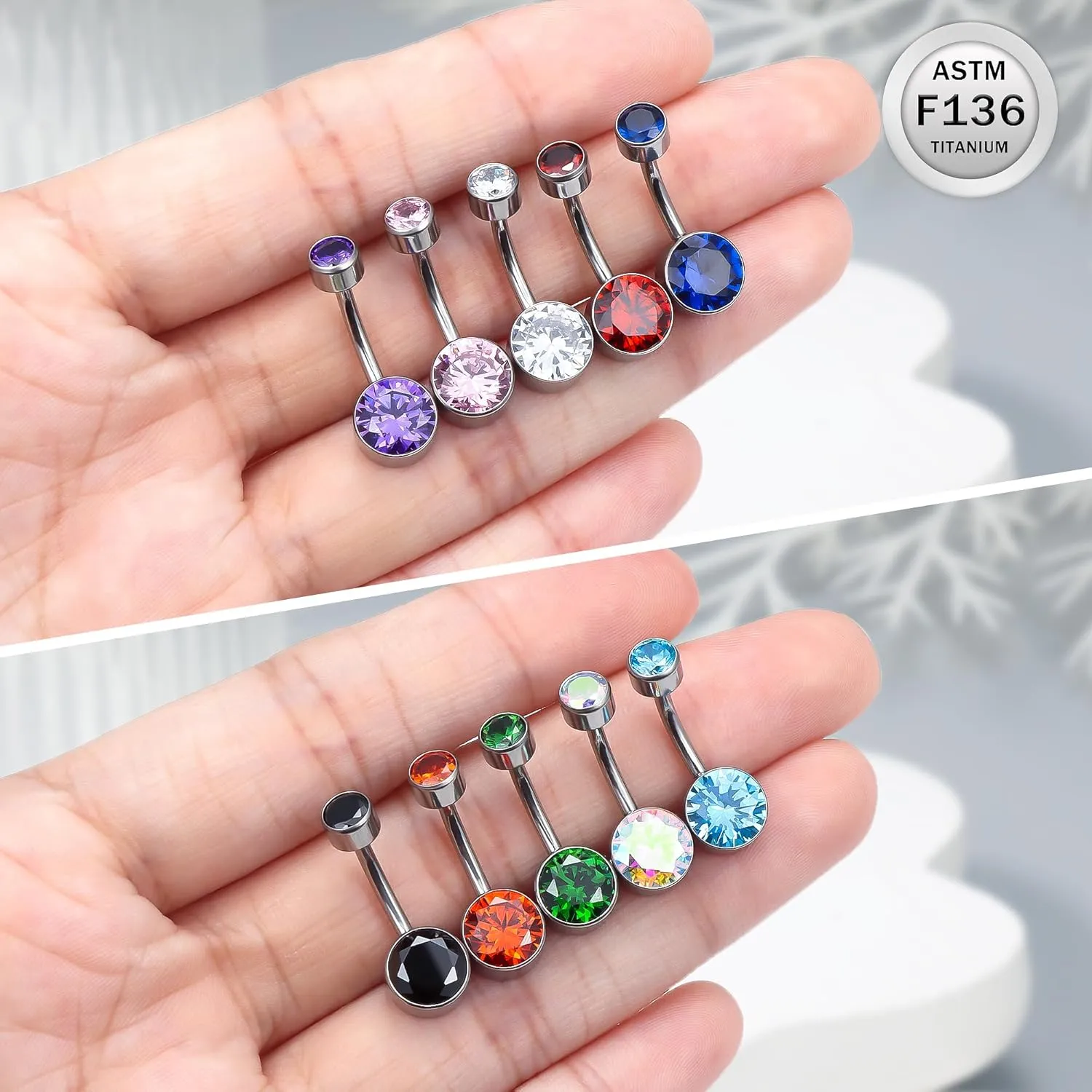 Ruifan ASTM F136 Titanium Belly Button Rings 14G CZ Cylinder Belly Navel Rings 10mm Bar Body Piercing Jewelry Navel Ring With 1PCS Curved Piercing Taper