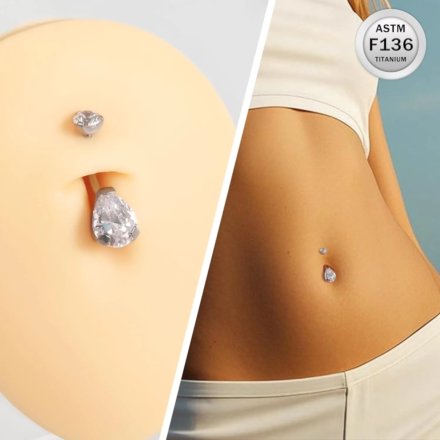 Ruifan ASTM F136 Titanium Belly Button Rings 14G CZ Drop Belly Navel Rings 10mm Bar Body Piercing Jewelry Navel Ring With 1PCS Curved Piercing Taper