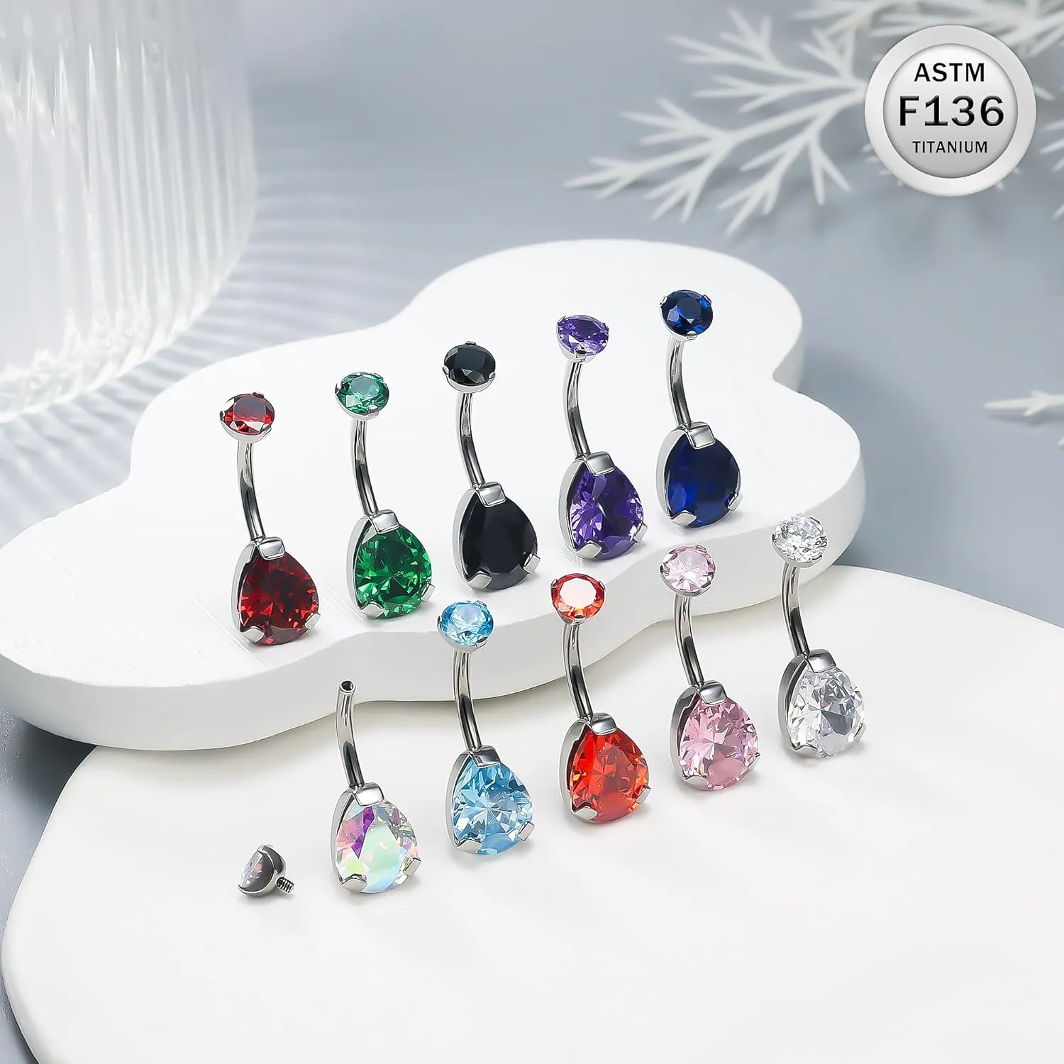 Ruifan ASTM F136 Titanium Belly Button Rings 14G CZ Drop Belly Navel Rings 10mm Bar Body Piercing Jewelry Navel Ring With 1PCS Curved Piercing Taper