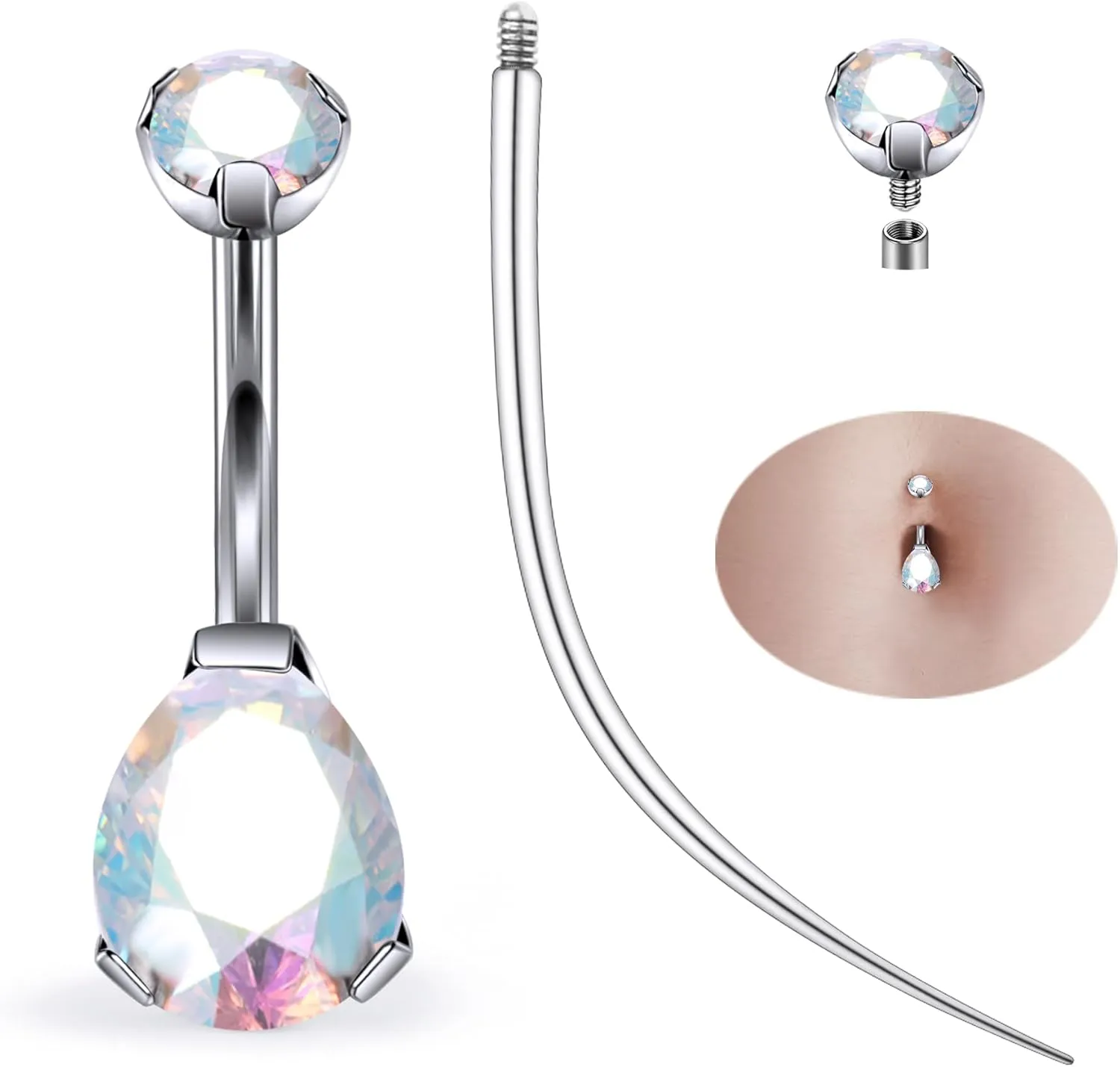 Ruifan ASTM F136 Titanium Belly Button Rings 14G CZ Drop Belly Navel Rings 10mm Bar Body Piercing Jewelry Navel Ring With 1PCS Curved Piercing Taper