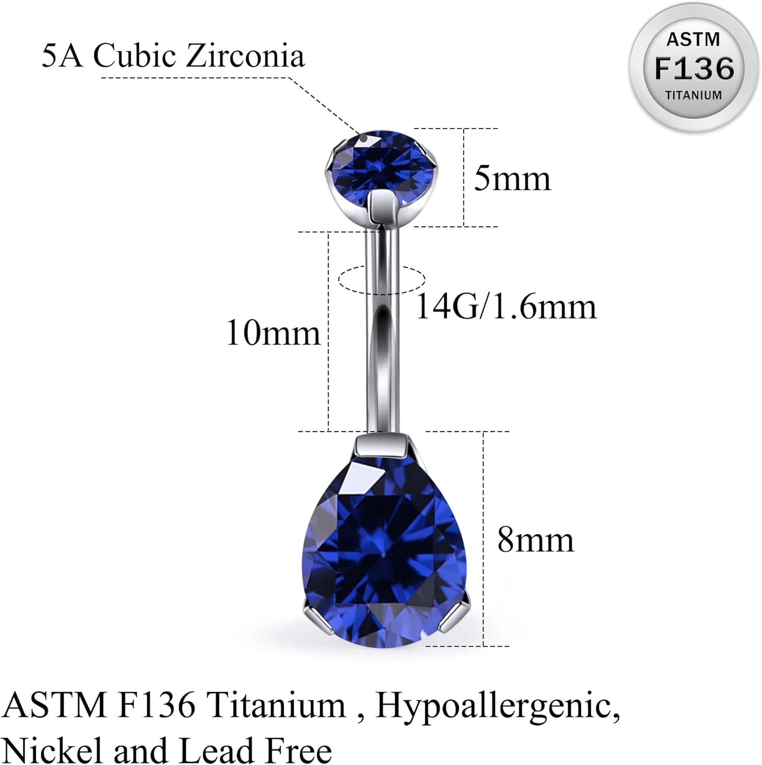 Ruifan ASTM F136 Titanium Belly Button Rings 14G CZ Drop Belly Navel Rings 10mm Bar Body Piercing Jewelry Navel Ring With 1PCS Curved Piercing Taper