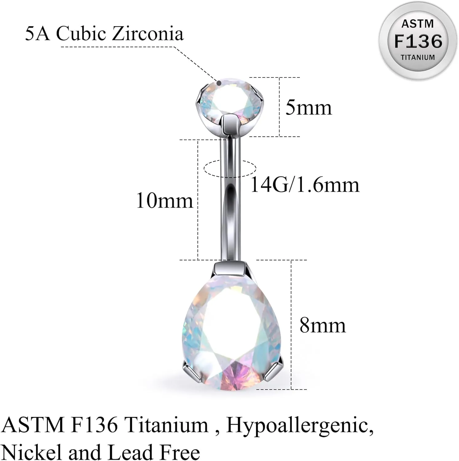 Ruifan ASTM F136 Titanium Belly Button Rings 14G CZ Drop Belly Navel Rings 10mm Bar Body Piercing Jewelry Navel Ring With 1PCS Curved Piercing Taper