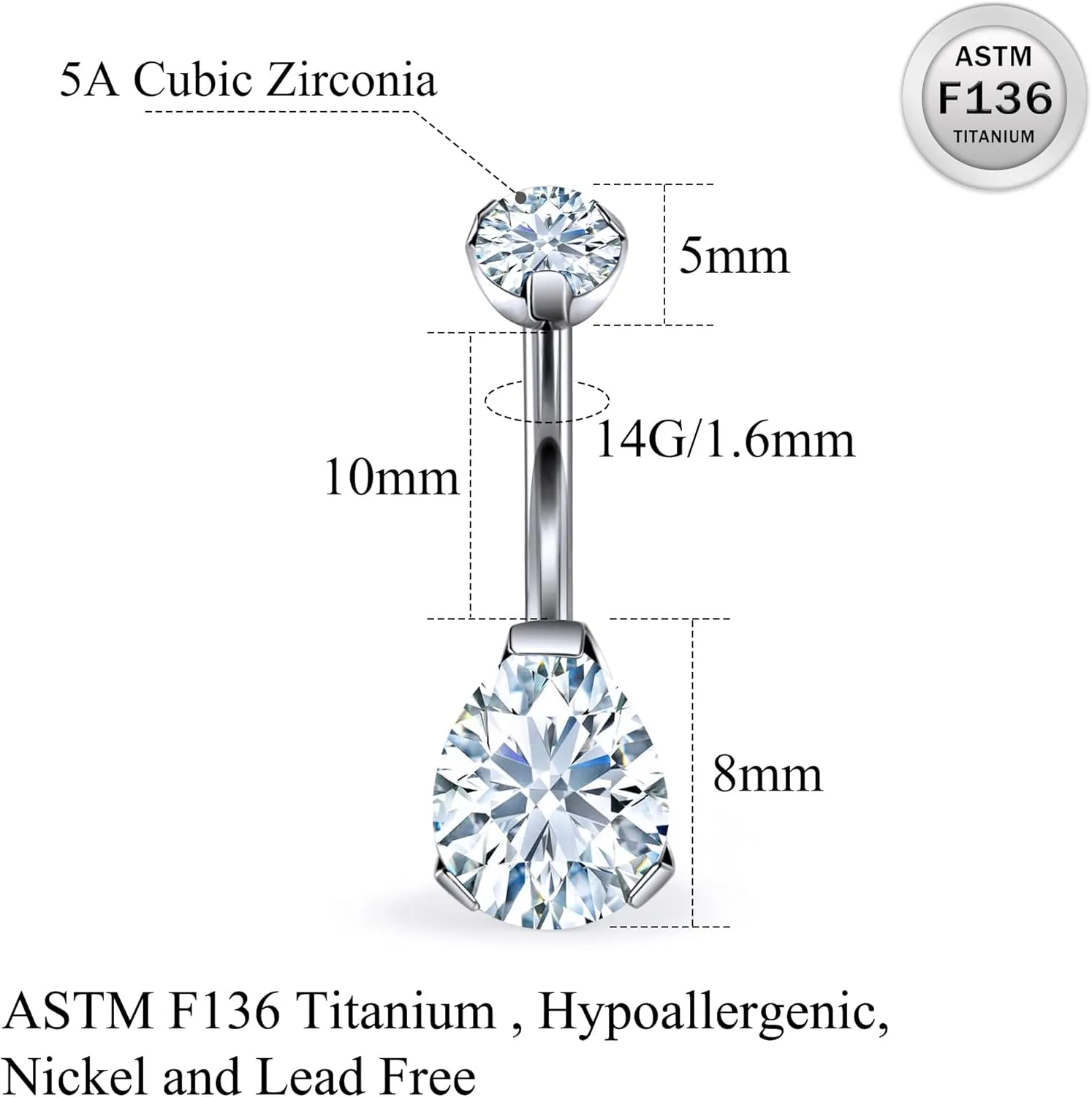 Ruifan ASTM F136 Titanium Belly Button Rings 14G CZ Drop Belly Navel Rings 10mm Bar Body Piercing Jewelry Navel Ring With 1PCS Curved Piercing Taper