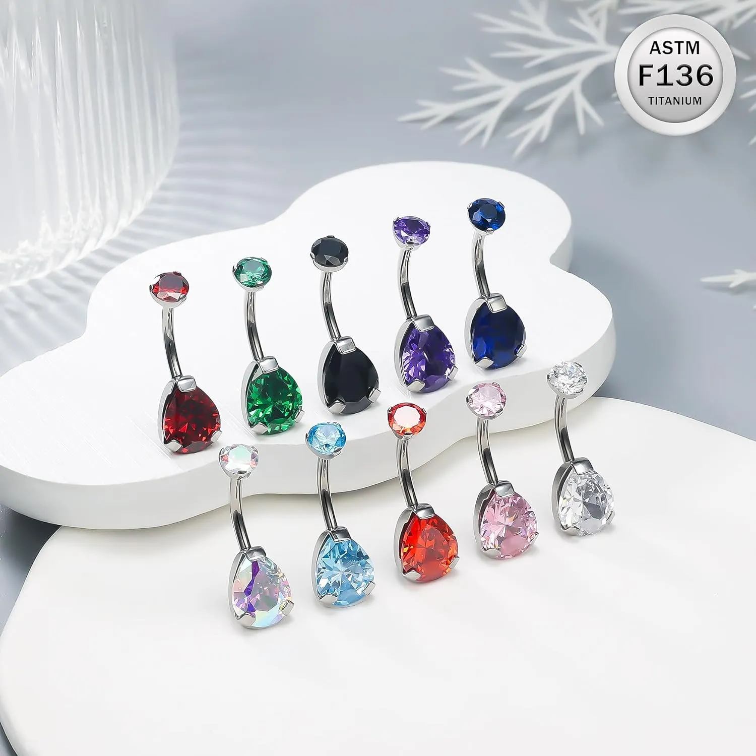 Ruifan ASTM F136 Titanium Belly Button Rings 14G CZ Drop Belly Navel Rings 10mm Bar Body Piercing Jewelry Navel Ring With 1PCS Curved Piercing Taper