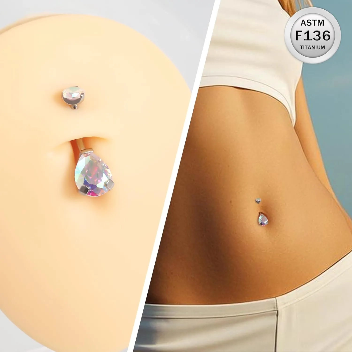 Ruifan ASTM F136 Titanium Belly Button Rings 14G CZ Drop Belly Navel Rings 10mm Bar Body Piercing Jewelry Navel Ring With 1PCS Curved Piercing Taper