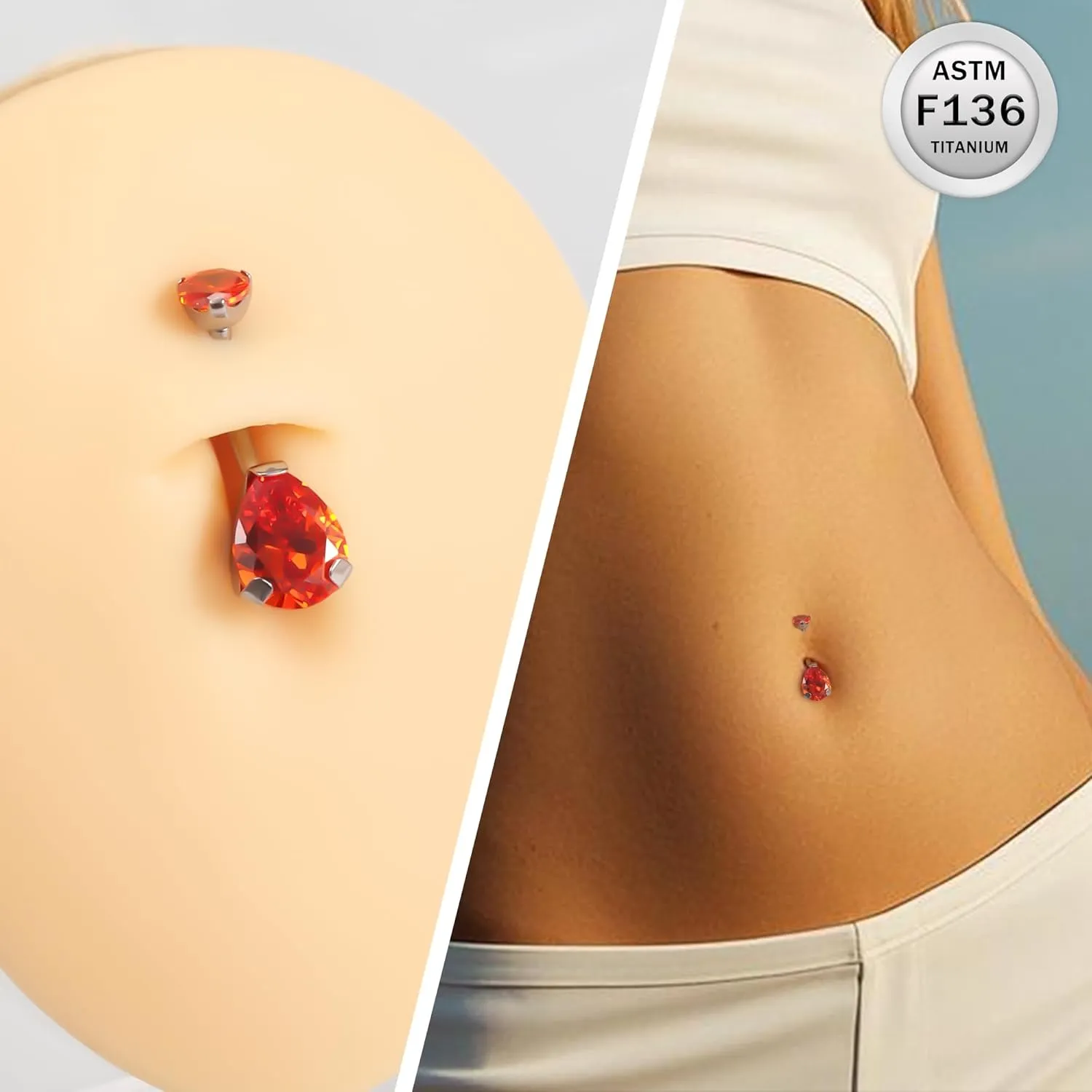 Ruifan ASTM F136 Titanium Belly Button Rings 14G CZ Drop Belly Navel Rings 10mm Bar Body Piercing Jewelry Navel Ring With 1PCS Curved Piercing Taper