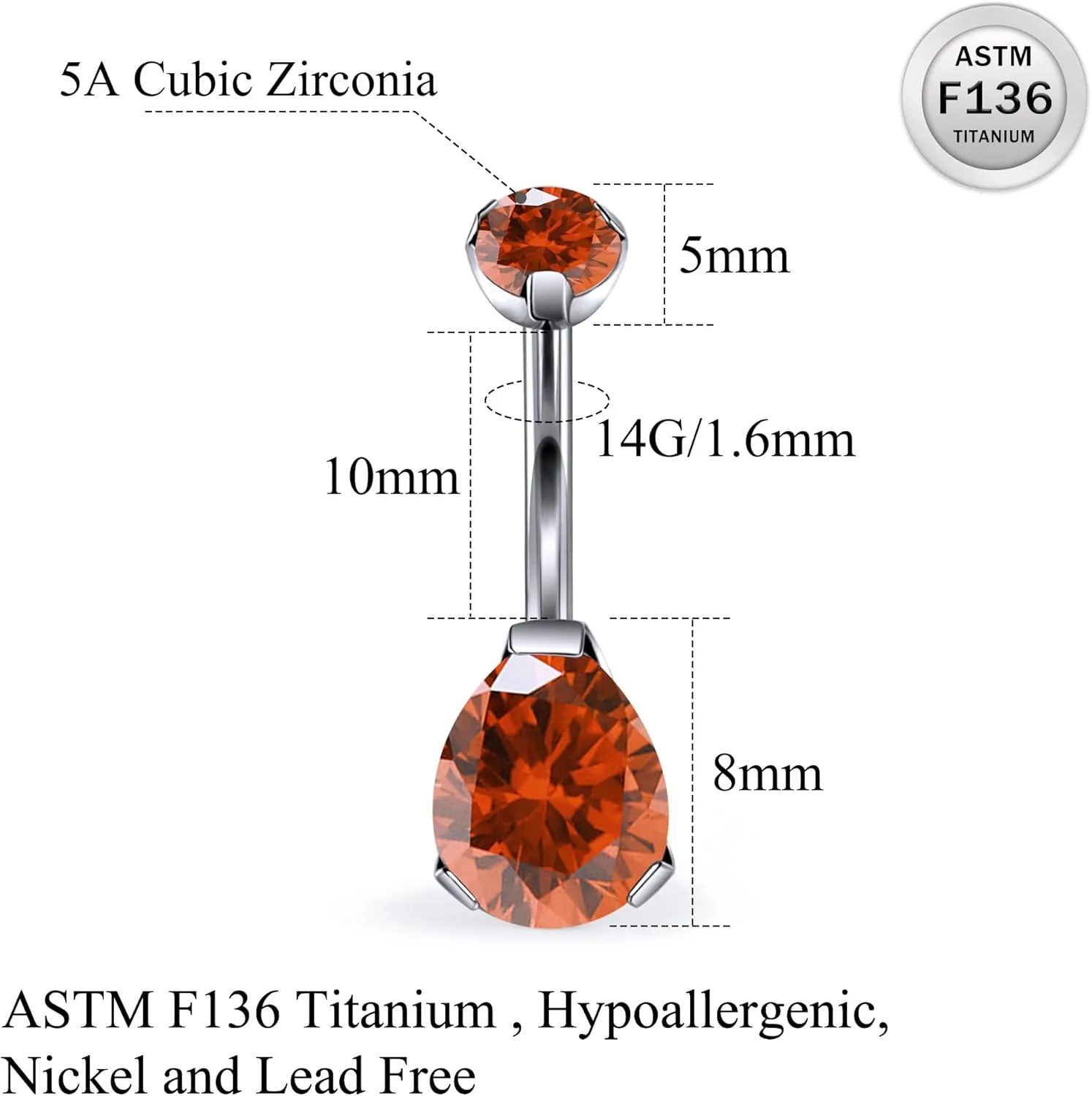 Ruifan ASTM F136 Titanium Belly Button Rings 14G CZ Drop Belly Navel Rings 10mm Bar Body Piercing Jewelry Navel Ring With 1PCS Curved Piercing Taper