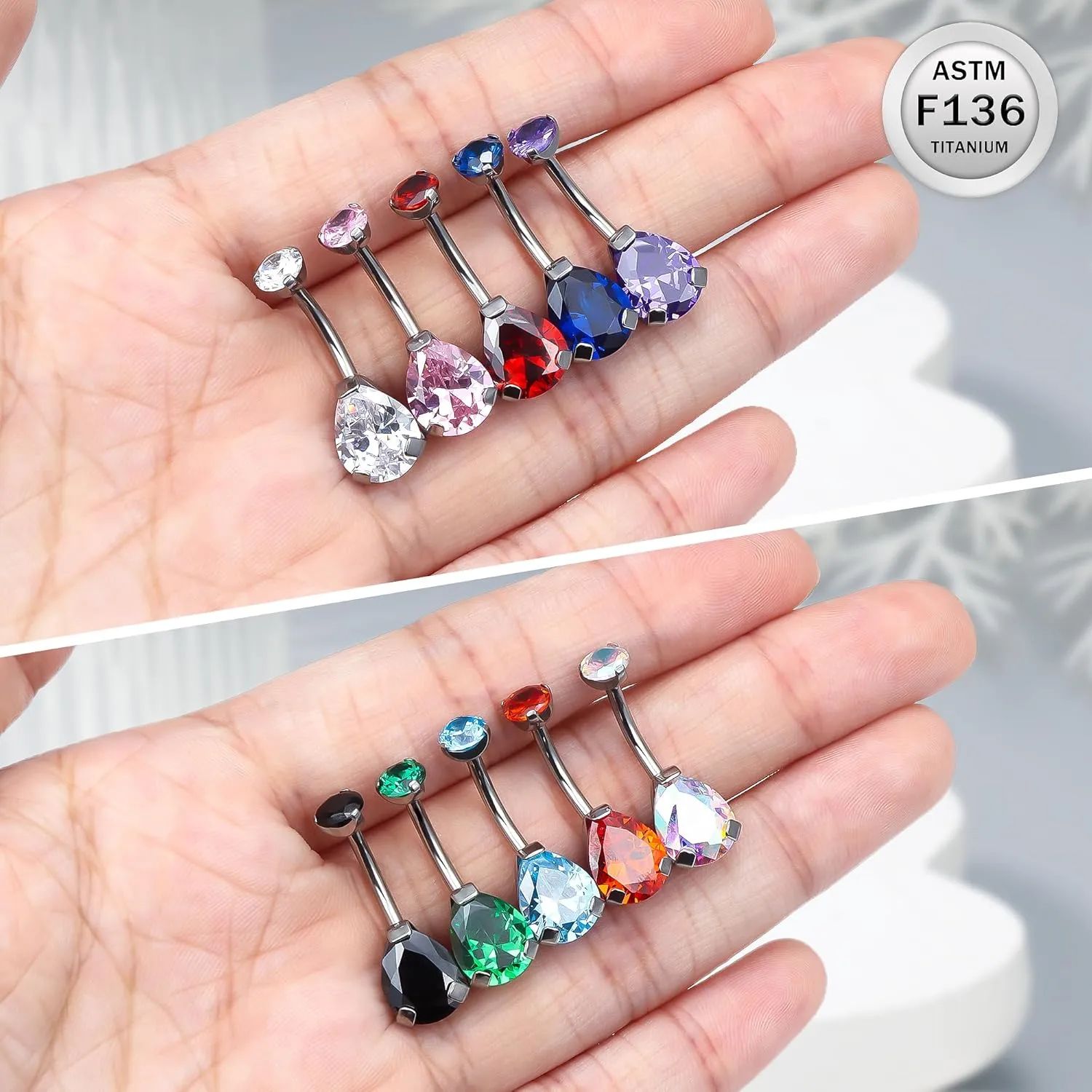 Ruifan ASTM F136 Titanium Belly Button Rings 14G CZ Drop Belly Navel Rings 10mm Bar Body Piercing Jewelry Navel Ring With 1PCS Curved Piercing Taper
