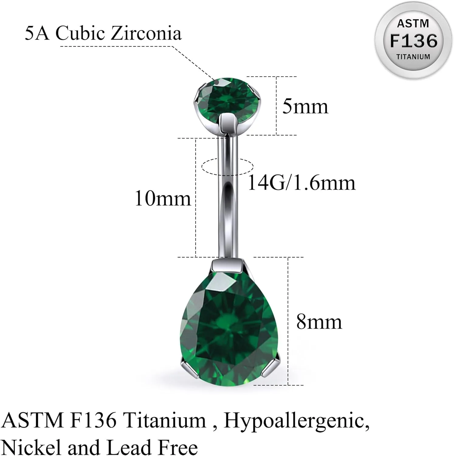Ruifan ASTM F136 Titanium Belly Button Rings 14G CZ Drop Belly Navel Rings 10mm Bar Body Piercing Jewelry Navel Ring With 1PCS Curved Piercing Taper