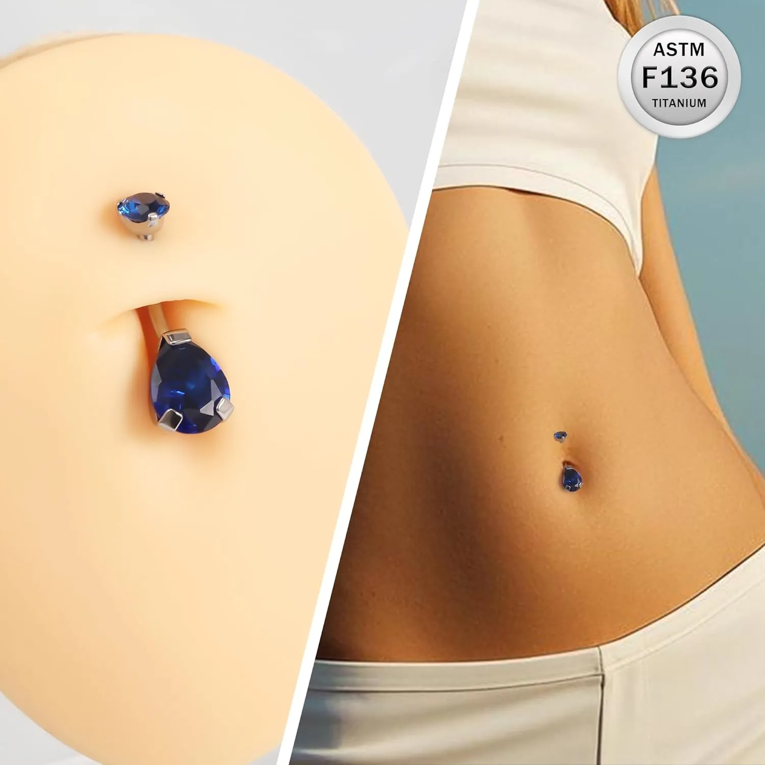 Ruifan ASTM F136 Titanium Belly Button Rings 14G CZ Drop Belly Navel Rings 10mm Bar Body Piercing Jewelry Navel Ring With 1PCS Curved Piercing Taper