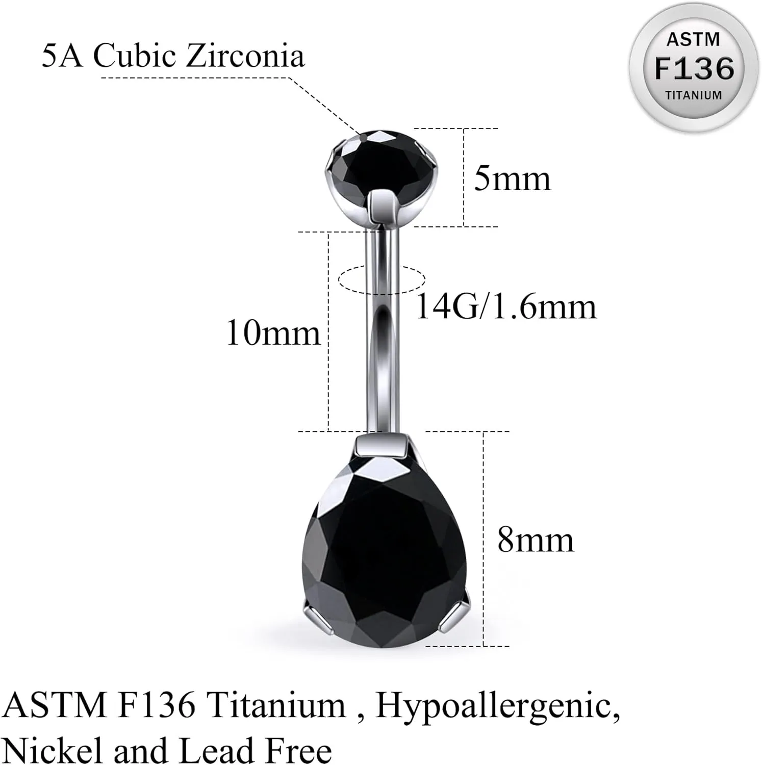 Ruifan ASTM F136 Titanium Belly Button Rings 14G CZ Drop Belly Navel Rings 10mm Bar Body Piercing Jewelry Navel Ring With 1PCS Curved Piercing Taper