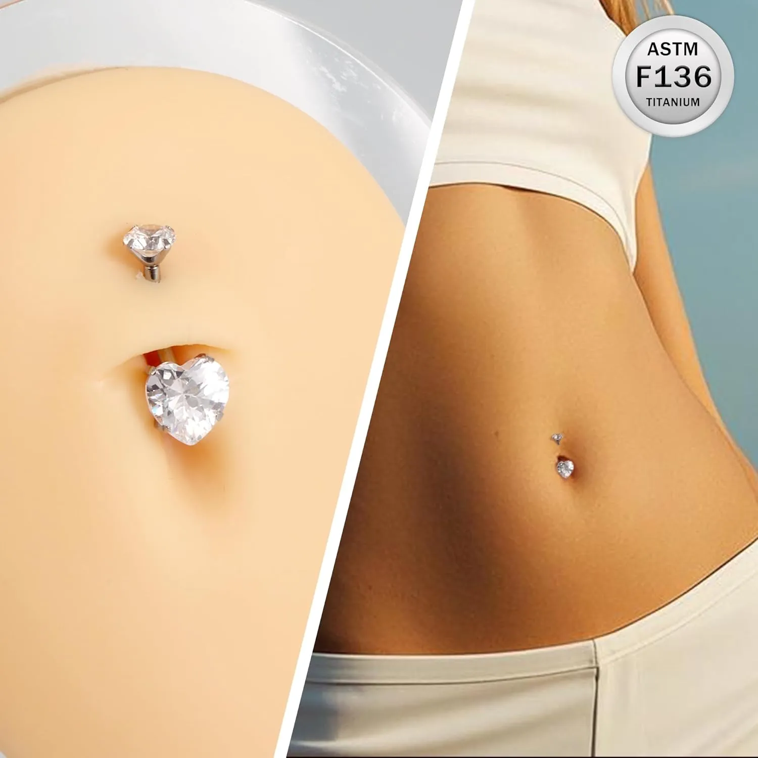 Ruifan ASTM F136 Titanium Belly Button Rings 14G CZ Heart Belly Navel Rings 10mm Bar Body Piercing Jewelry Navel Ring With 1PCS Curved Piercing Taper